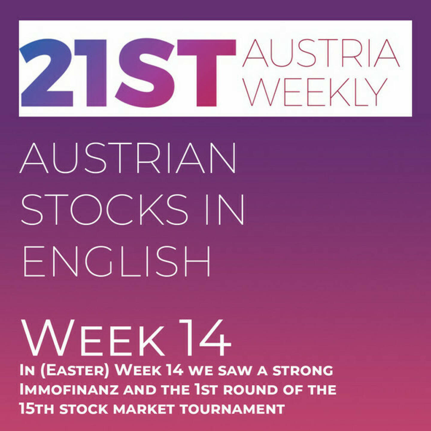 https://open.spotify.com/episode/1vzuwbruMY7zt4C2w9DtiH
Austrian Stocks in English: In (Easter) Week 14 we saw a strong Immofinanz and the 1st round of the 15th stock market tournament - <p>Welcome  to &#34;Austrian Stocks in English - presented by Palfinger&#34;, the english spoken weekly Summary for the Austrian Stock Market,  positioned every Sunday in the mostly german languaged Podcast &#34;Audio-CD.at Indie Podcasts&#34;- Wiener Börse, Sport Musik und Mehr“ .<br/><br/>In week 14, the easter week, we saw extremely quiet markets and of course no trading on friday. ATX TR went slightly up, gained 0,17 percent. Best stock was Immofinanz with 12 percent up. In our 15th stock market tournament the first round is finished, we now know the last 16. News came from ams Osram (2), Immofinanz, Verbund, Andritz (2), Wienerberger, Porr, Zumtobel and Addiko Bank, spoken by the absolutely smart Alison.<br/><br/><a href=http://www.boerse-social.com/tournament target=_blank>http://www.boerse-social.com/tournament</a> <br/><br/>The following script is based on our 21st Austria weekly and in Week 10 ATX TR went lower, losing 2,66 percent to 7274 points. Stocks of Vienna Airport were best in ATXprime, leaving the IFM-Offer behind. News came from Vienna Stock Exchange, AT&amp;S, A1 Group, Andritz, Zumtobel, Frequentis, Addiko, Palfinger, Lenzing, voestalpine and Frequentis. <br/><br/>Please rate my Podcast on Apple Podcasts (or Spotify): <a href=https://podcasts.apple.com/at/podcast/audio-cd-at-indie-podcasts-wiener-boerse-sport-musik-und-mehr/id1484919130 target=_blank>https://podcasts.apple.com/at/podcast/audio-cd-at-indie-podcasts-wiener-boerse-sport-musik-und-mehr/id1484919130</a> .And please spread the word : <a href=https://www.boerse-social.com/21staustria target=_blank>https://www.boerse-social.com/21staustria</a> - the address to subscribe to the weekly summary as a PDF.</p>