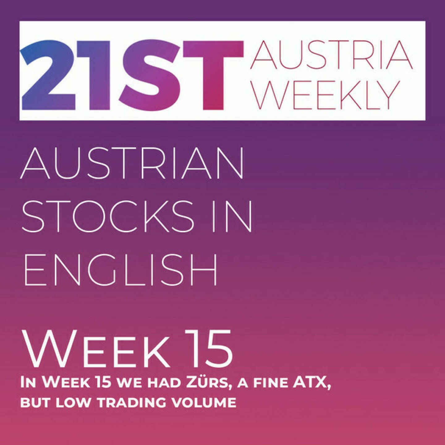 https://open.spotify.com/episode/1jix5hMqr24WCG0aSdt3pe
Austrian Stocks in English: In Week 15 we had Zürs, a fine ATX, but low trading volume - <p>Welcome  to &#34;Austrian Stocks in English - presented by Palfinger&#34;, the english spoken weekly Summary for the Austrian Stock Market,  positioned every Sunday in the mostly german languaged Podcast &#34;Audio-CD.at Indie Podcasts&#34;- Wiener Börse, Sport Musik und Mehr“ .<br/><br/>The following script is based on our 21st Austria weekly and in Week 15 we had the Capital Markets Conference invited by Raiffeisen Bank International in Zürs and saw fine markets with ATX TR 1,95 percent up to 6940 points , but very low trading volume. Stocks of Uniqa are now 11 days in a row up.<br/><br/>Also we know the last 8 in our 15th <a href=http://www.boerse-social.com/tournament target=_blank>http://www.boerse-social.com/tournament</a> with chances still alive for Palfinger and Erste Group for winning the Challenge Cup.  News came from Andritz (3), EVN, Rosenbauer, Marinomed, Wolford (2), Frequentis, Vienna Airport, Lenzing, Palfinger and OMV, spoken by the absolutely smart Alison.<br/><br/>Please rate my Podcast on Apple Podcasts (or Spotify): <a href=https://podcasts.apple.com/at/podcast/audio-cd-at-indie-podcasts-wiener-boerse-sport-musik-und-mehr/id1484919130 target=_blank>https://podcasts.apple.com/at/podcast/audio-cd-at-indie-podcasts-wiener-boerse-sport-musik-und-mehr/id1484919130</a> .And please spread the word : <a href=https://www.boerse-social.com/21staustria target=_blank>https://www.boerse-social.com/21staustria</a> - the address to subscribe to the weekly summary as a PDF.</p>