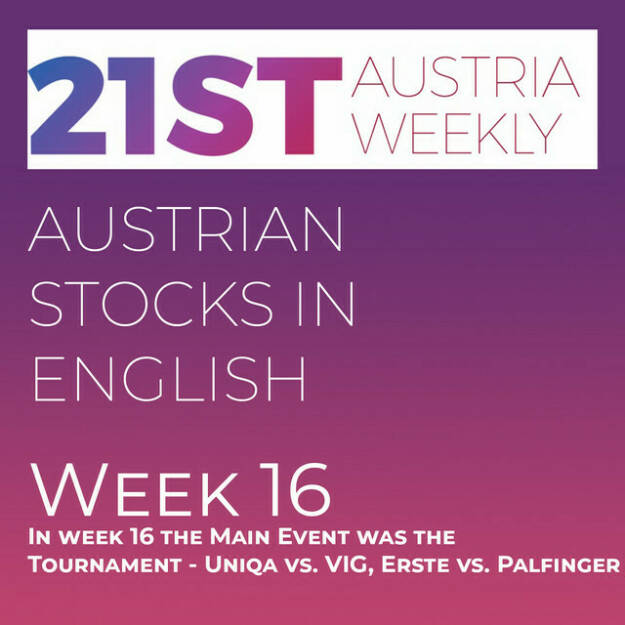 https://open.spotify.com/episode/0vIEWkVTUOme7fiLkkAwwr
Austrian Stocks in English: In week 16 the Main Event was the Tournament - Uniqa vs. VIG, Erste vs. Palfinger - <p>Welcome  to &#34;Austrian Stocks in English - presented by Palfinger&#34;, the english spoken weekly Summary for the Austrian Stock Market,  positioned every Sunday in the mostly german languaged Podcast &#34;Audio-CD.at Indie Podcasts&#34;- Wiener Börse, Sport Musik und Mehr“ .<br/><br/>The following script is based on our 21st Austria weekly and Week 16 ended with the Settlement Day for April, but it was a non event for stocks , indices and trading volumes. Bottom Line the ATX TR finished the week 0,12 percent lower, Lenzing lost 5,8 percent. <br/><br/>A hotter Situation we have in our 15th Stock Market Tournament, we know the Semifinalists. Next week in the upper half of the roster we will see the Insurance Derby Uniqa vs. VIG and in the lower half the Prospects for Winning the Challenge Cup forever Erste Group and Palfinger challenging each other.. After three days semifinals we have 2 days final. <a href=http://www.boerse-social.com/tournament target=_blank>http://www.boerse-social.com/tournament</a> .<br/><br/>News came from UBM, Semperit, Lenzing, Andritz (2), Marinomed, Austrian Post, OMV, Kapsch TrafficCom, Palfinger, Rosenbauer, S Immo and RHI Magnesita.  spoken by the absolutely smart Alison.<br/><br/>Please rate my Podcast on Apple Podcasts (or Spotify): <a href=https://podcasts.apple.com/at/podcast/audio-cd-at-indie-podcasts-wiener-boerse-sport-musik-und-mehr/id1484919130 target=_blank>https://podcasts.apple.com/at/podcast/audio-cd-at-indie-podcasts-wiener-boerse-sport-musik-und-mehr/id1484919130</a> .And please spread the word : <a href=https://www.boerse-social.com/21staustria target=_blank>https://www.boerse-social.com/21staustria</a> - the address to subscribe to the weekly summary as a PDF.</p> (23.04.2023) 