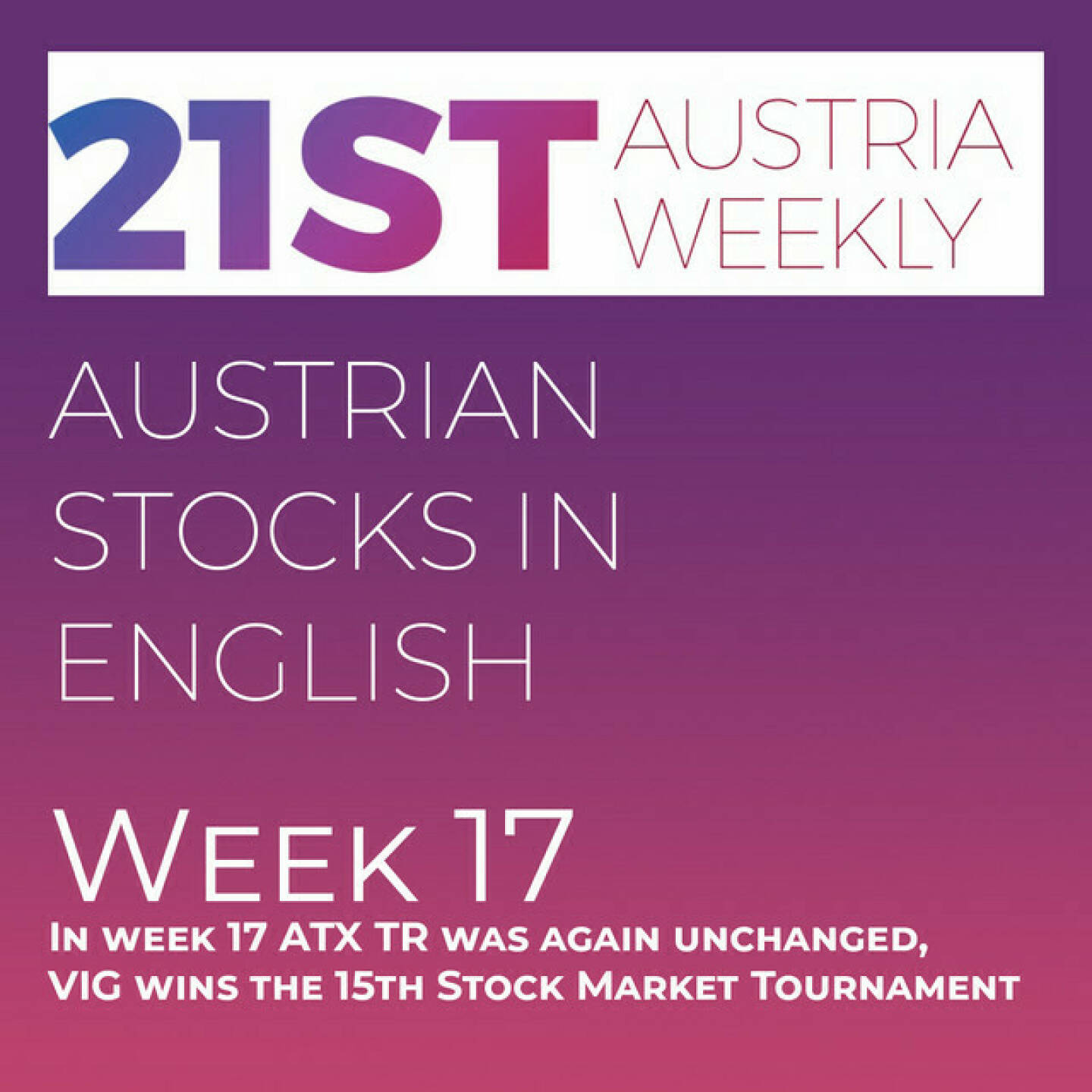 https://open.spotify.com/episode/7fiPbb1nS4xWbUVUTfTxsV
Austrian Stocks in English: In week 17 ATX TR was again unchanged, VIG wins the 15th Stock Market Tournament - <p>Welcome  to &#34;Austrian Stocks in English - presented by Palfinger&#34;, the english spoken weekly Summary for the Austrian Stock Market,  positioned every Sunday in the mostly german languaged Podcast &#34;Audio-CD.at Indie Podcasts&#34;- Wiener Börse, Sport Musik und Mehr“ .<br/><br/>The following script is based on our 21st Austria weekly and Week 17 was another non event week for ATX TR, which gained 0,14 percent to 6.941,92 points. VIG wins the 15ths stock market tournament in a big final against two times Champion Palfinger. News came from Andritz (2), Mayr-Melnhof (2), voestalpine, Bawag, A1 Group, Lenzing, Amag, Warimpex, Strabag, Polytec, Palfinger, Frequentis and Erste Group, spoken by the absolutely smart Alison.<br/><br/><a href=http://www.boerse-social.com/tournament target=_blank>http://www.boerse-social.com/tournament.</a><br/><br/><a href=https://boerse-social.com/21staustria target=_blank>https://boerse-social.com/21staustria</a><br/><br/>Please rate my Podcast on Apple Podcasts (or Spotify): <a href=https://podcasts.apple.com/at/podcast/audio-cd-at-indie-podcasts-wiener-boerse-sport-musik-und-mehr/id1484919130 target=_blank>https://podcasts.apple.com/at/podcast/audio-cd-at-indie-podcasts-wiener-boerse-sport-musik-und-mehr/id1484919130</a> .And please spread the word : <a href=https://www.boerse-social.com/21staustria target=_blank>https://www.boerse-social.com/21staustria</a> - the address to subscribe to the weekly summary as a PDF.</p>