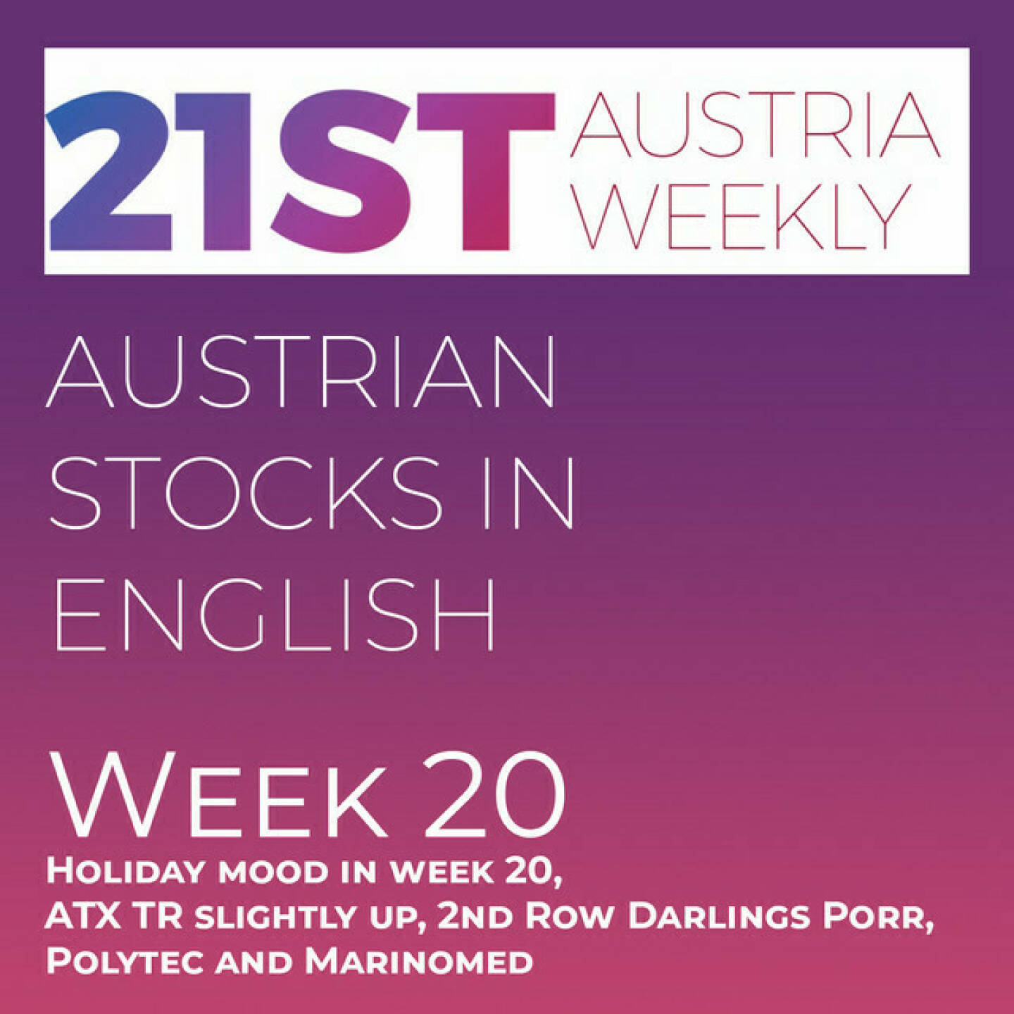 https://open.spotify.com/episode/3roT824AsXTiK0wIhFEoHY
Austrian Stocks in English: Holiday mood in week 20, ATX TR slightly up, 2nd Row Darlings Porr, Polytec and Marinomed - <p>Welcome  to &#34;Austrian Stocks in English - presented by Palfinger&#34;, the english spoken weekly Summary for the Austrian Stock Market,  positioned every Sunday in the mostly german languaged Podcast &#34;Audio-CD.at Indie Podcasts&#34;- Wiener Börse, Sport Musik und Mehr“ .<br/><br/>The following script is based on our 21st Austria weekly and week 20 was a little bit of a holiday week in Vienna with low trading volume, although we had an exchange expiry day on the options and futures markets. ATX TR climbed 0,74 percent and best stocks came from the second row: Porr and Polytec with 8 percent up and Marinomed with 7 percent. News came from Freqentis, AT&amp;S, Vienna Airport, Agrana, UBM and Austrian Post, spoken by the absolutely smart Alison. <br/><br/><a href=https://boerse-social.com/21staustria target=_blank>https://boerse-social.com/21staustria</a><br/><br/>Please rate my Podcast on Apple Podcasts (or Spotify): <a href=https://podcasts.apple.com/at/podcast/audio-cd-at-indie-podcasts-wiener-boerse-sport-musik-und-mehr/id1484919130 target=_blank>https://podcasts.apple.com/at/podcast/audio-cd-at-indie-podcasts-wiener-boerse-sport-musik-und-mehr/id1484919130</a> .And please spread the word : <a href=https://www.boerse-social.com/21staustria target=_blank>https://www.boerse-social.com/21staustria</a> - the address to subscribe to the weekly summary as a PDF.</p>