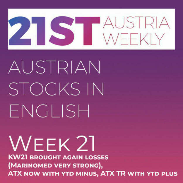 https://open.spotify.com/episode/4KKl5EyWvTmC0L157flQTA
Austrian Stocks in English: KW21 brought again losses (Marinomed very strong), ATX now with ytd minus, ATX TR with ytd plus - <p>Welcome  to &#34;Austrian Stocks in English - presented by Palfinger&#34;, the english spoken weekly Summary for the Austrian Stock Market,  positioned every Sunday in the mostly german languaged Podcast &#34;Audio-CD.at Indie Podcasts&#34;- Wiener Börse, Sport Musik und Mehr“ .<br/><br/>The following script is based on our 21st Austria weekly and week 21 was another lower week for ATX TR, which lost -2.24 percent. ATX TR is now year to date at 1,85 percent plus, while the ATX without dividends has a loss of 1,18 percent year to date. Best performers came from the second row: Marinomed gained 19 percent. News came from Palfinger, Marinomed, Zumtobel, CA Immo (2), SBO, Porr, Lenzing, EVN, UBM, Immofinanz, S Immo and Uniqa,, spoken by the absolutely smart Alison. <br/><br/><a href=https://boerse-social.com/21staustria target=_blank>https://boerse-social.com/21staustria</a><br/><br/>Please rate my Podcast on Apple Podcasts (or Spotify): <a href=https://podcasts.apple.com/at/podcast/audio-cd-at-indie-podcasts-wiener-boerse-sport-musik-und-mehr/id1484919130 target=_blank>https://podcasts.apple.com/at/podcast/audio-cd-at-indie-podcasts-wiener-boerse-sport-musik-und-mehr/id1484919130</a> .And please spread the word : <a href=https://www.boerse-social.com/21staustria target=_blank>https://www.boerse-social.com/21staustria</a> - the address to subscribe to the weekly summary as a PDF.</p> (28.05.2023) 
