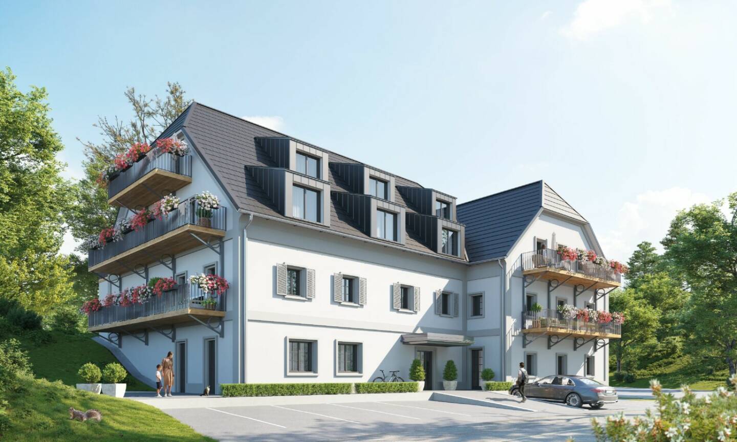 Im historischen Hauensteinhof in St. Kathrein entstehen barrierefreie geförderte Eigentumswohnungen mit Freiflächen, Balkon oder Garten, die sich auf neue Eigentümer:innen freuen. Credit: Austria Real