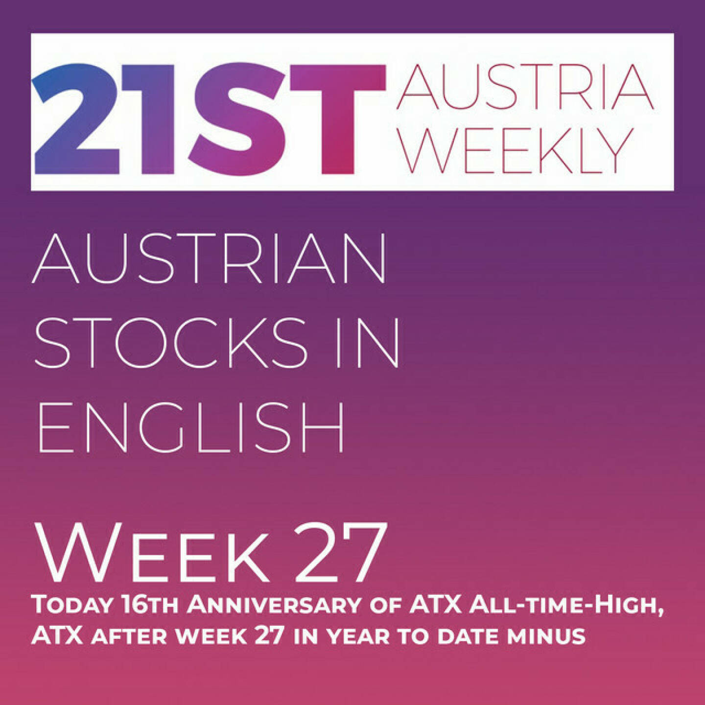 https://open.spotify.com/episode/7E8cQsSR64wbIrOQ7tqQ5m
Austrian Stocks in English: Today 16th Anniversary of ATX All-time-High, ATX after week 27 in year to date minus - <p>Welcome  to &#34;Austrian Stocks in English - presented by Palfinger&#34;, the english spoken weekly Summary for the Austrian Stock Market,  positioned every Sunday in the mostly german languaged Podcast &#34;Audio-CD.at Indie Podcasts&#34;- Wiener Börse, Sport Musik und Mehr“ .<br/><br/>The following script is based on our 21st Austria weekly and week 27 was a bad week for ATX which went 1,28% down and is now at 3114, this means 12 points under the value end of 2022. Today ATX has the 16th anniversary of its all-time-high, on 9th of July 2007 the index went intraday over 5000 points.<br/><br/>16th anniversary and 16th Stock Market tounament: Round 1 is finished and these are the 8 pairs of the 2nd Round next week.<br/><br/>Palfinger vs. Immofinanz, Telekom Austria vs. RBI, Zumtobel vs. FACC , Kontron vs. Mayr-Melnhof , Österreichische Post vs. CA Immo, Agrana vs. Frequentis , Porr vs. S Immo , DO&amp;CO vs. VIG.<br/><br/>News came from ams Osram, Kontron (2), UBM, Frequentis, Kapsch TrafficCom, Vienna Stock Exchange, Agrana, Pierer Mobility, and Andritz. <br/><br/><a href=http://www.boerse-social.com/tournament target=_blank>http://www.boerse-social.com/tournament</a><br/><br/><a href=https://boerse-social.com/21staustria target=_blank>https://boerse-social.com/21staustria</a><br/><br/>Please rate my Podcast on Apple Podcasts (or Spotify): <a href=https://podcasts.apple.com/at/podcast/audio-cd-at-indie-podcasts-wiener-boerse-sport-musik-und-mehr/id1484919130 target=_blank>https://podcasts.apple.com/at/podcast/audio-cd-at-indie-podcasts-wiener-boerse-sport-musik-und-mehr/id1484919130</a> .And please spread the word : <a href=https://www.boerse-social.com/21staustria target=_blank>https://www.boerse-social.com/21staustria</a> - the address to subscribe to the weekly summary as a PDF.</p>