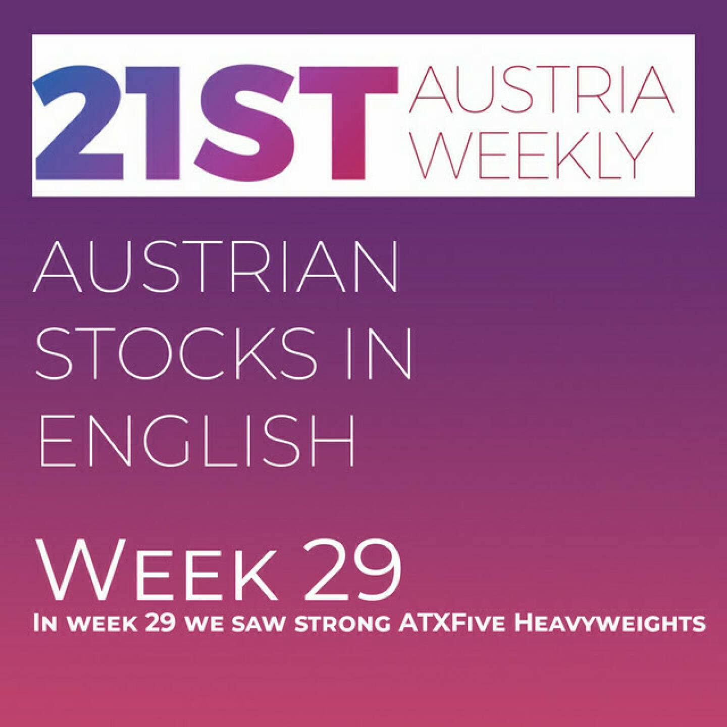 https://open.spotify.com/episode/61JqGanPBHEtXp8ltQz37q
Austrian Stocks in English: In week 29 we saw strong ATXFive Heavyweights - <p>Welcome  to &#34;Austrian Stocks in English - presented by Palfinger&#34;, the english spoken weekly Summary for the Austrian Stock Market,  positioned every Sunday in the mostly german languaged Podcast &#34;Audio-CD.at Indie Podcasts&#34;- Wiener Börse, Sport Musik und Mehr“ .<br/><br/>The following script is based on our 21st Austria weekly and Week 29 was a good week for ATX TR, which gained 1,62 percent to 7101,47 points. Best Stocks were ATXFive Members Bawag, Verbund and Erste Group. The Last 4 of our 16th stock market tournament are Immofinanz, Zumtobel, CA Immo and Do&amp;Co. News came from Polytec, S Immo, Andritz (2), Bawag, Immofinanz, Strabag, ams-Osram and RHI Magnesita, spoken now by the absolutely smart Alison.<br/><br/><a href=http://www.boerse-social.com/tournament target=_blank>http://www.boerse-social.com/tournament</a><br/><br/><a href=https://boerse-social.com/21staustria target=_blank>https://boerse-social.com/21staustria</a><br/><br/>Please rate my Podcast on Apple Podcasts (or Spotify): <a href=https://podcasts.apple.com/at/podcast/audio-cd-at-indie-podcasts-wiener-boerse-sport-musik-und-mehr/id1484919130 target=_blank>https://podcasts.apple.com/at/podcast/audio-cd-at-indie-podcasts-wiener-boerse-sport-musik-und-mehr/id1484919130</a> .And please spread the word : <a href=https://www.boerse-social.com/21staustria target=_blank>https://www.boerse-social.com/21staustria</a> - the address to subscribe to the weekly summary as a PDF.</p>