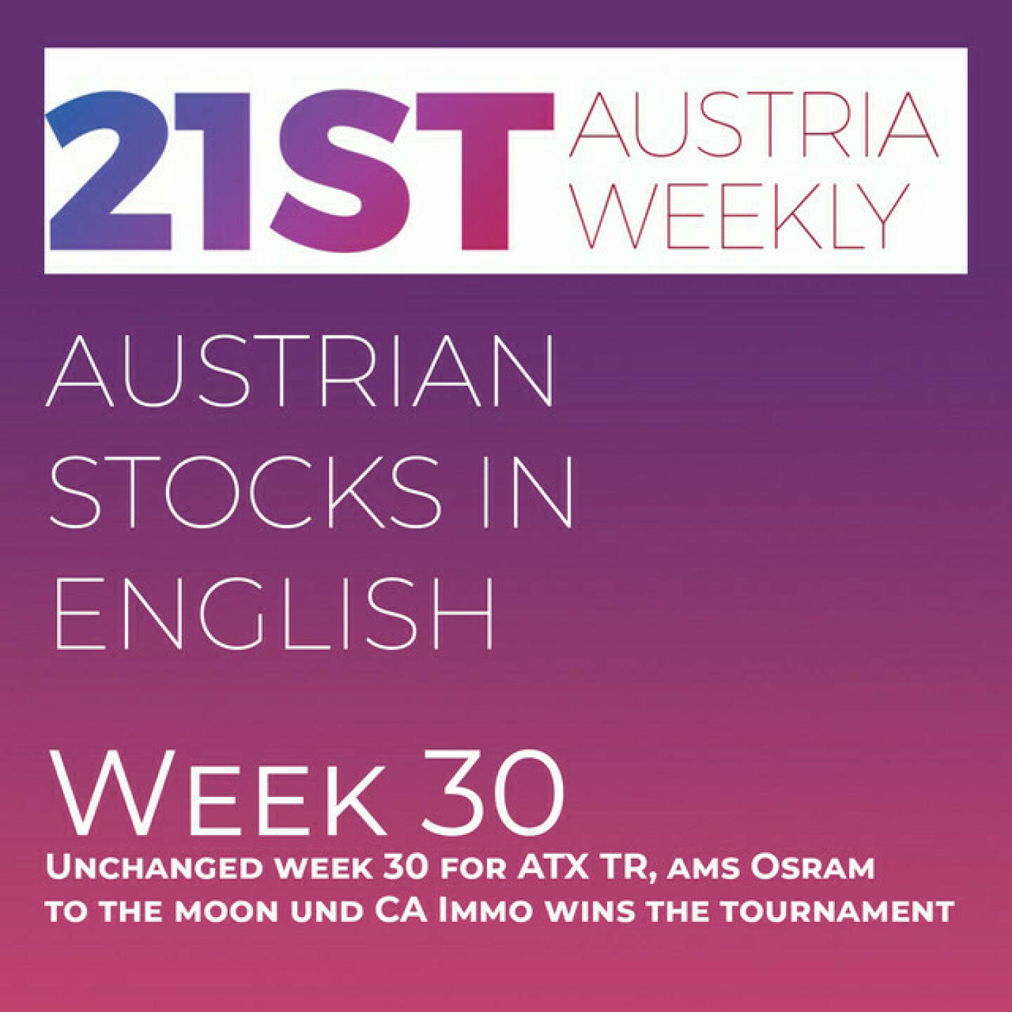 https://open.spotify.com/episode/0Nsqe5ktPMzOJAYJKqRTYl
Austrian Stocks in English: Unchanged week 30 for ATX TR, ams Osram to the moon und CA Immo wins the tournament - <p>Welcome  to &#34;Austrian Stocks in English - presented by Palfinger&#34;, the english spoken weekly Summary for the Austrian Stock Market,  positioned every Sunday in the mostly german languaged Podcast &#34;Audio-CD.at Indie Podcasts&#34;- Wiener Börse, Sport Musik und Mehr“ .<br/><br/>The following script is based on our 21st Austria weekly and Week 30 was an unchanged week for ATX TR with AT&amp;S on top of the list, while ams Osram gained 25 percent. CA Immo wins the 16th Stock Market Tournament in a competitive final against Zumtobel. News came from Cleen Energy, RHI Magnesita (2), Telekom Austria, Strabag, Andritz (3), Kapsch TrafficCom, Verbund (3) Amag, ams Osram, Marinomed, OMV and Palfinger. <br/><br/><a href=http://www.boerse-social.com/tournament target=_blank>http://www.boerse-social.com/tournament</a><br/><br/><a href=https://boerse-social.com/21staustria target=_blank>https://boerse-social.com/21staustria</a><br/><br/>Please rate my Podcast on Apple Podcasts (or Spotify): <a href=https://podcasts.apple.com/at/podcast/audio-cd-at-indie-podcasts-wiener-boerse-sport-musik-und-mehr/id1484919130 target=_blank>https://podcasts.apple.com/at/podcast/audio-cd-at-indie-podcasts-wiener-boerse-sport-musik-und-mehr/id1484919130</a> .And please spread the word : <a href=https://www.boerse-social.com/21staustria target=_blank>https://www.boerse-social.com/21staustria</a> - the address to subscribe to the weekly summary as a PDF.</p>