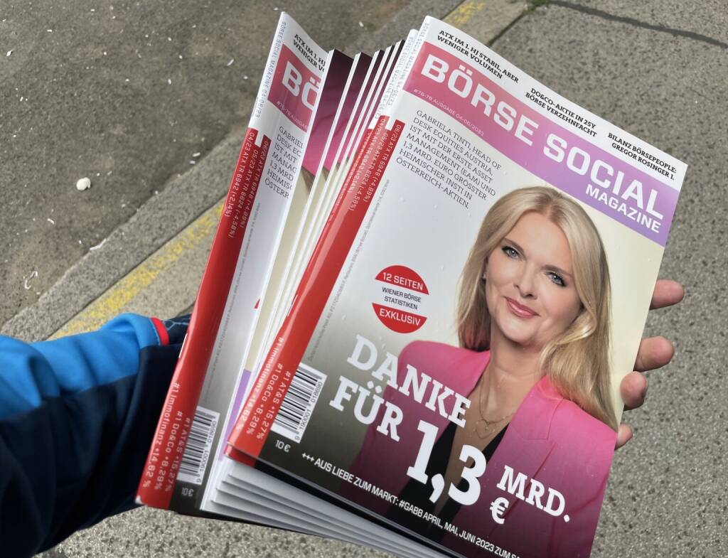 Das Börse Social Magazine mit 116 Seiten zum Q2 an der Wiener Börse. Cover: Gabriela Tinti vom grössten Austro-Aktien-Insti EAM (04.08.2023) 
