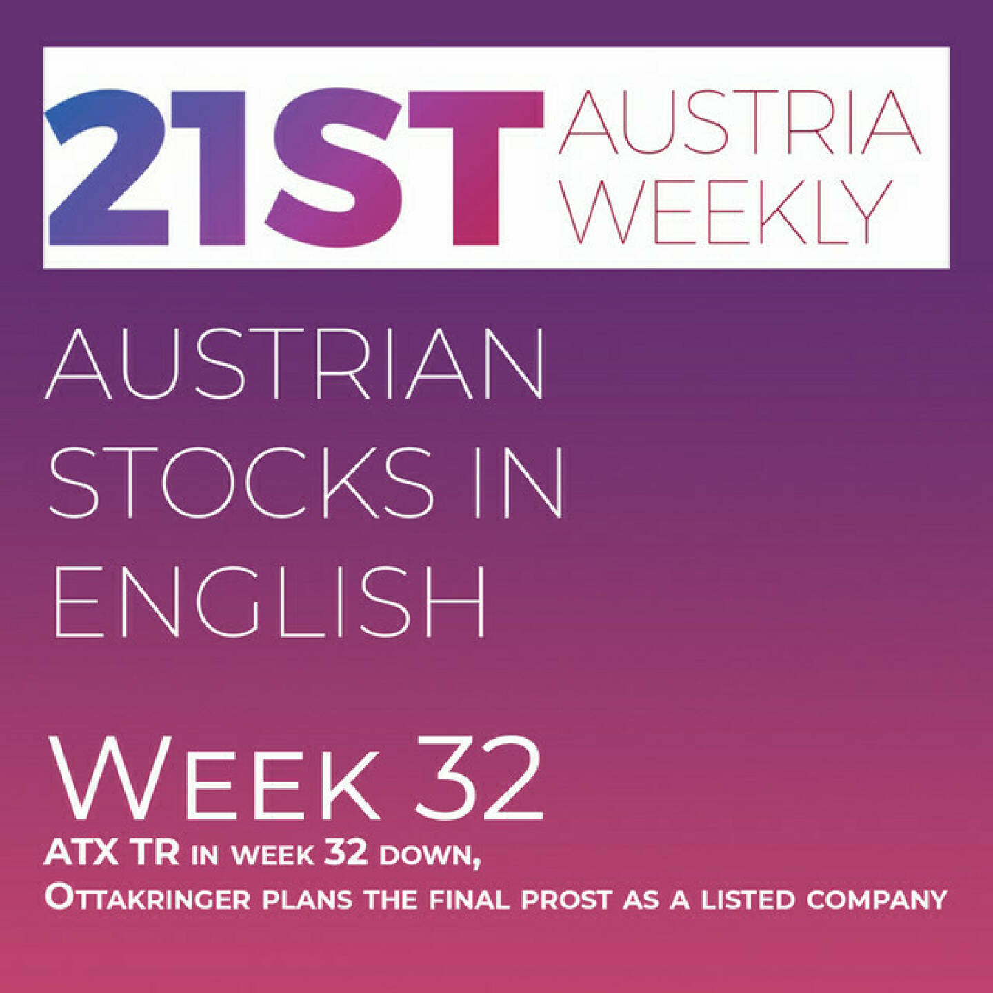 https://open.spotify.com/episode/3q5ScJZL32IFcp5PmOWwoM
Austrian Stocks in English: ATX TR in week 32 down, Ottakringer plans the final prost as a listed company - <p>Welcome  to &#34;Austrian Stocks in English - presented by Palfinger&#34;, the english spoken weekly Summary for the Austrian Stock Market,  positioned every Sunday in the mostly german languaged Podcast &#34;Audio-CD.at Indie Podcasts&#34;- Wiener Börse, Sport Musik und Mehr“ .<br/><br/>The following script is based on our 21st Austria weekly and Week 32 was another bad week for ATX TR which lost 1,65 percent to 6969,6 points. Wienerberger shares dropped 13 percent. Ottakringer announced the final Prost, the company plans to leave the stock market. News came from Andritz, Ottakringer, OMV, Marinomed, voestalpine,, Frequentis, and Rosenbauer spoken by the absolutely smart Alison.<br/><br/><a href=https://boerse-social.com/21staustria target=_blank>https://boerse-social.com/21staustria</a><br/><br/>Please rate my Podcast on Apple Podcasts (or Spotify): <a href=https://podcasts.apple.com/at/podcast/audio-cd-at-indie-podcasts-wiener-boerse-sport-musik-und-mehr/id1484919130 target=_blank>https://podcasts.apple.com/at/podcast/audio-cd-at-indie-podcasts-wiener-boerse-sport-musik-und-mehr/id1484919130</a> .And please spread the word : <a href=https://www.boerse-social.com/21staustria target=_blank>https://www.boerse-social.com/21staustria</a> - the address to subscribe to the weekly summary as a PDF.</p>