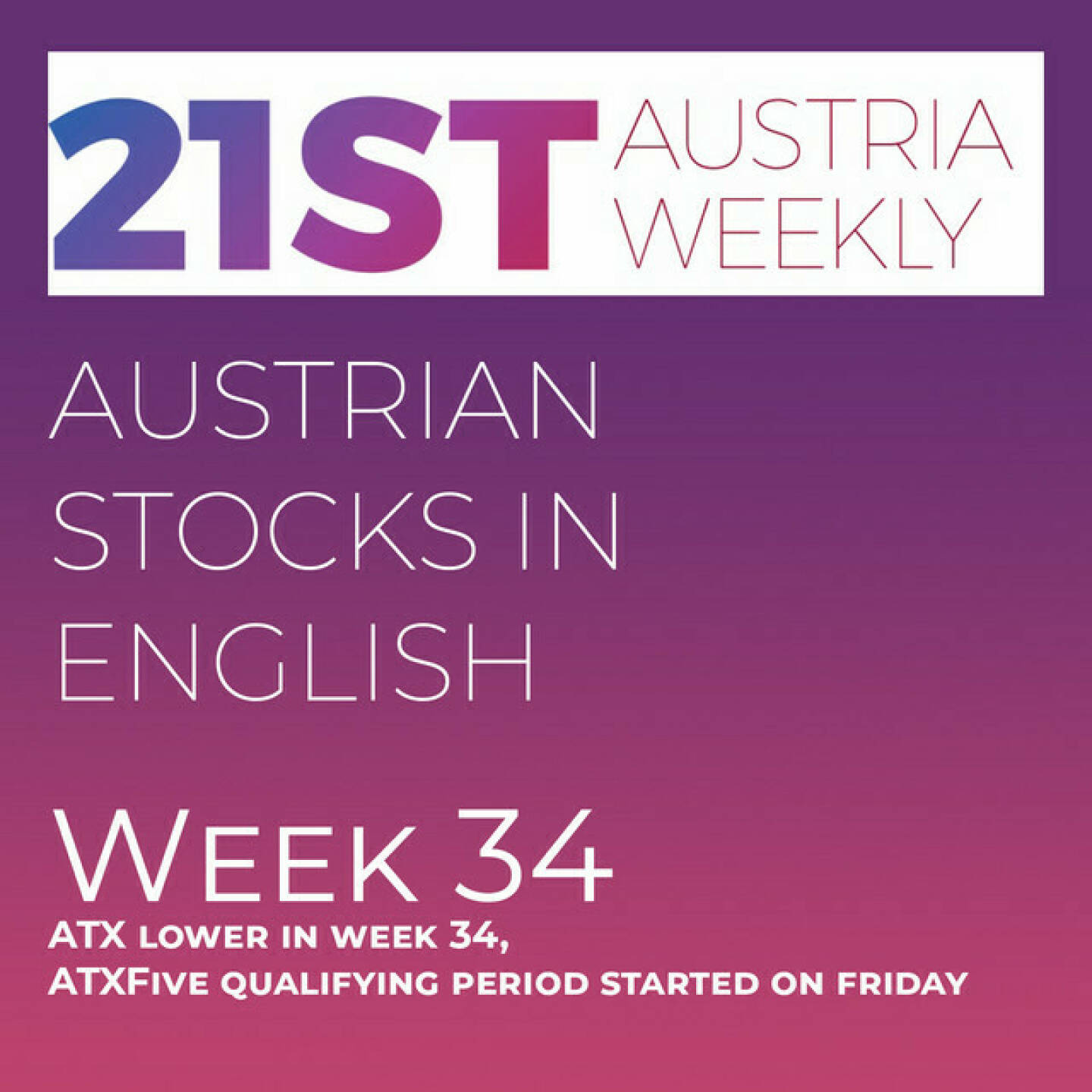 https://open.spotify.com/episode/3fEYdPrZbYbtGzhfuOmdPB
Austrian Stocks in English: ATX lower in week 34, ATXFive qualifying period started on friday - <p>Welcome  to &#34;Austrian Stocks in English - presented by Palfinger&#34;, the english spoken weekly Summary for the Austrian Stock Market,  positioned every Sunday in the mostly german languaged Podcast &#34;Audio-CD.at Indie Podcasts&#34;- Wiener Börse, Sport Musik und Mehr“ .<br/><br/>The following script is based on our 21st Austria weekly and ATX TR went lower in week 34 with ATX falling again in negative year to date area. ATXFive qualifying period started on friday with Erste Group, OMV and Verbund fixed in the next composition and also very good cards for Bawag and Andritz to defend their places, the challenger is voestalpine. News came from Wolftank, UBM (2), Kontron, SBO, Zumtobel, Andritz, EVN, Uniqa and CA Immo, spoken by the absolutely smart Alison.<br/><br/><a href=https://boerse-social.com/21staustria target=_blank>https://boerse-social.com/21staustria</a><br/><br/>Please rate my Podcast on Apple Podcasts (or Spotify): <a href=https://podcasts.apple.com/at/podcast/audio-cd-at-indie-podcasts-wiener-boerse-sport-musik-und-mehr/id1484919130 target=_blank>https://podcasts.apple.com/at/podcast/audio-cd-at-indie-podcasts-wiener-boerse-sport-musik-und-mehr/id1484919130</a> .And please spread the word : <a href=https://www.boerse-social.com/21staustria target=_blank>https://www.boerse-social.com/21staustria</a> - the address to subscribe to the weekly summary as a PDF.</p>