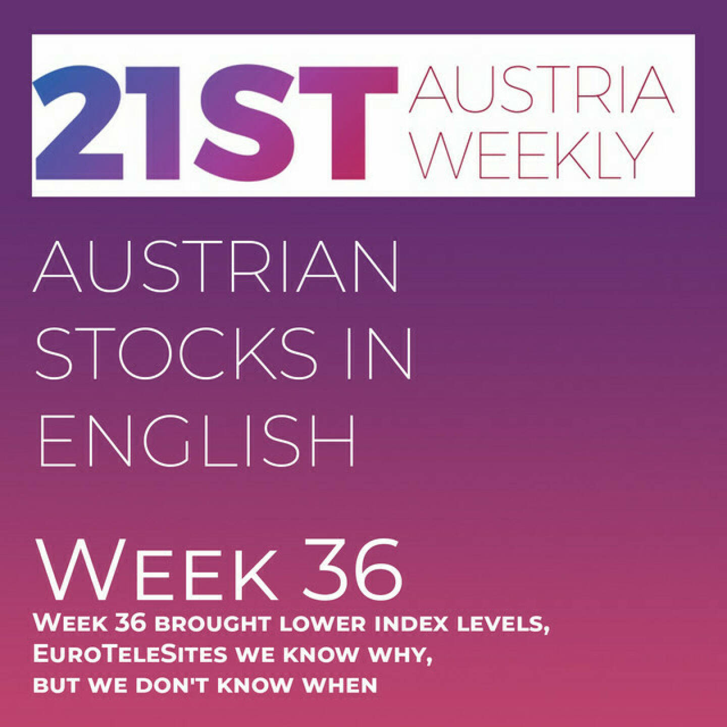 https://open.spotify.com/episode/3wcNRZS6dbfmIAmjLCMpUk
Austrian Stocks in English: Week 36 brought lower index levels, EuroTeleSites we know why, but we don't know when - <p>Welcome  to "Austrian Stocks in English - presented by Palfinger", the english spoken weekly Summary for the Austrian Stock Market,  positioned every Sunday in the mostly german languaged Podcast "Audio-CD.at Indie Podcasts"- Wiener B&ouml;rse, Sport Musik und Mehr&ldquo; .<br/><br/>This week in our 21st Austria weekly: After a good September Start week 36 brought lower levels for Austrian Indices, Main topic remains the forthcoming listing of EuroTeleSites, we know why, but we don't know when. News came from Vienna Airport, Andritz, Kapsch TrafficCom (2), Zumtobel, Valneva and OMV, spoken by Alison.<br/><br/><a href=https://boerse-social.com/21staustria target=_blank>https://boerse-social.com/21staustria</a><br/><br/>Please rate my Podcast on Apple Podcasts (or Spotify): <a href=https://podcasts.apple.com/at/podcast/audio-cd-at-indie-podcasts-wiener-boerse-sport-musik-und-mehr/id1484919130 target=_blank>https://podcasts.apple.com/at/podcast/audio-cd-at-indie-podcasts-wiener-boerse-sport-musik-und-mehr/id1484919130</a> .And please spread the word : <a href=https://www.boerse-social.com/21staustria target=_blank>https://www.boerse-social.com/21staustria</a> - the address to subscribe to the weekly summary as a PDF.</p>