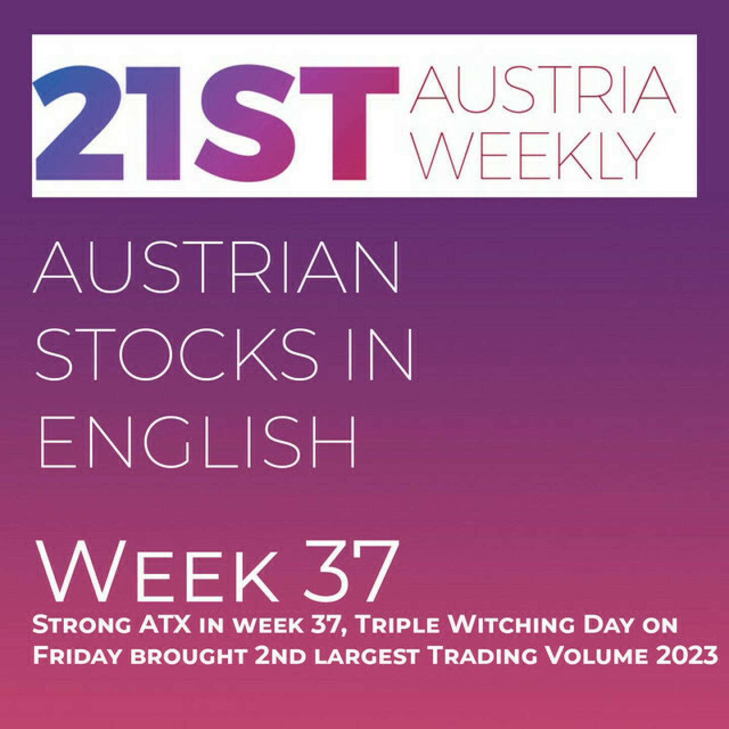 https://open.spotify.com/episode/3CvT7b71AWXjAXRXHS93H2
Austrian Stocks in English: Strong ATX in week 37, Triple Witching Day on Friday brought 2nd largest Trading Volume 2023 - <p>Welcome  to &#34;Austrian Stocks in English - presented by Palfinger&#34;, the english spoken weekly Summary for the Austrian Stock Market,  positioned every Sunday in the mostly german languaged Podcast &#34;Audio-CD.at Indie Podcasts&#34;- Wiener Börse, Sport Musik und Mehr“ .<br/><br/>The following Script ist based on our 21st Austria weekly: Week 37 was a good week for ATX TR, which climbed 1,24 percent. Triple witching day on Friday brought with 576 Mio. Euro the 2nd largest Trading Volume 2023. Next Monday we see the ATX comeback of Telekom Austria and on Friday the start of EuroTeleSites in the Prime Market. News came from Strabag, ams Osram, Telekom Austria, Rosenbauer, CA Immo, Wolftank, Agrana, voestalpine, Frequentis, Kontron, S Immo, Immofinanz and Lenzing. <br/><br/><a href=https://boerse-social.com/21staustria target=_blank>https://boerse-social.com/21staustria</a><br/><br/>Please rate my Podcast on Apple Podcasts (or Spotify): <a href=https://podcasts.apple.com/at/podcast/audio-cd-at-indie-podcasts-wiener-boerse-sport-musik-und-mehr/id1484919130 target=_blank>https://podcasts.apple.com/at/podcast/audio-cd-at-indie-podcasts-wiener-boerse-sport-musik-und-mehr/id1484919130</a> .And please spread the word : <a href=https://www.boerse-social.com/21staustria target=_blank>https://www.boerse-social.com/21staustria</a> - the address to subscribe to the weekly summary as a PDF.</p>