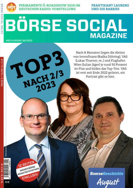 BSM #80 - Top3 nach 2/23 2023 - Nach 8 Monaten liegen die Aktien von Immofinanz (Radka Döhring), VAS (Lukas Thurner, re.) und Flughafen Wien (Julian Jäger) je rund 50 Prozent im Plus und bilden das Top-Trio. VAS ist erst seit Ende 2022 gelistet, ein Portrait gibt es hier. (18.09.2023) 