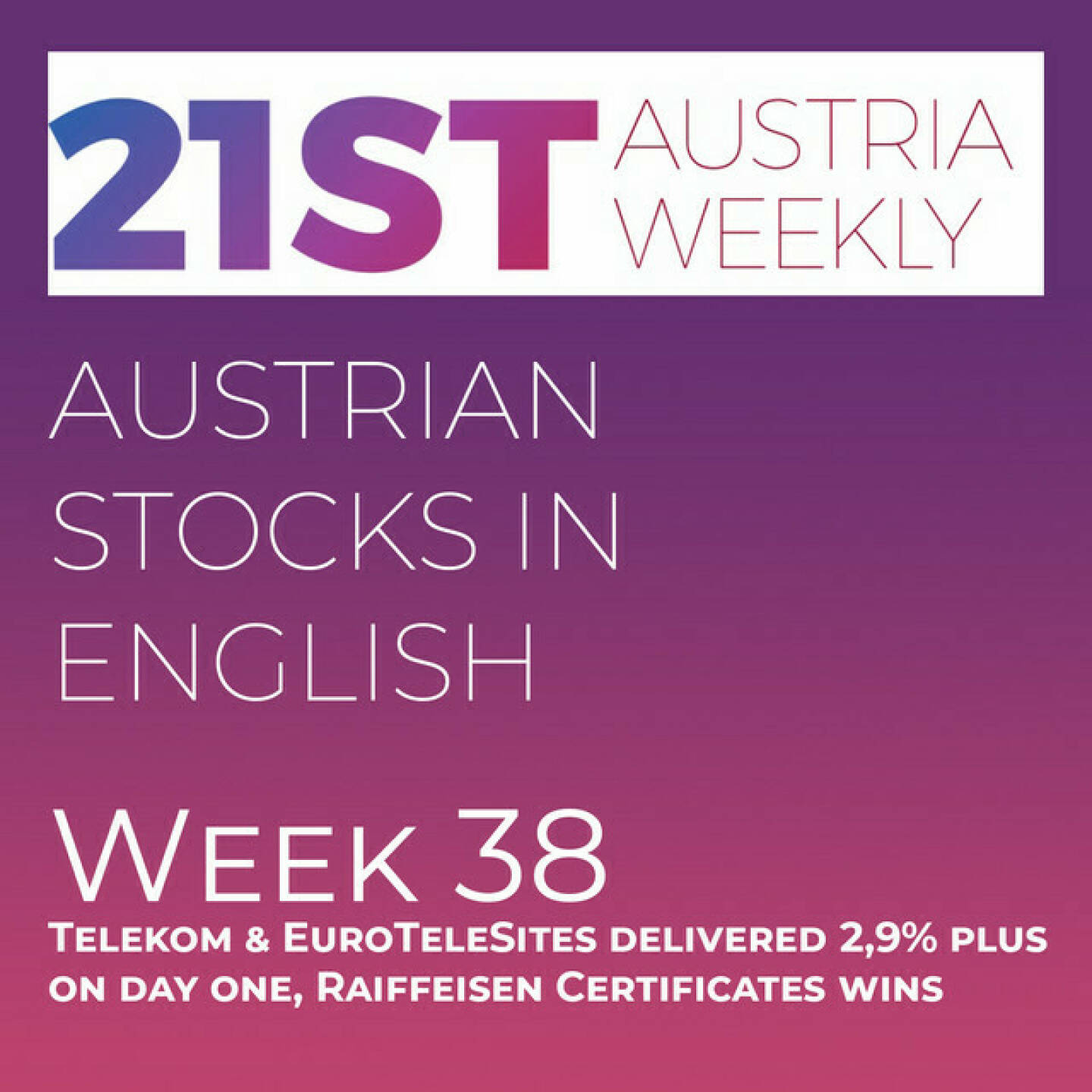https://open.spotify.com/episode/4O4d7H6DWcRqXDEp4wyZEt
Austrian Stocks in English: Telekom & EuroTeleSites delivered 2,9% plus on day one, Raiffeisen Certificates wins - <p>Welcome  to &#34;Austrian Stocks in English - presented by Palfinger&#34;, the english spoken weekly Summary for the Austrian Stock Market,  positioned every Sunday in the mostly german languaged Podcast &#34;Audio-CD.at Indie Podcasts&#34;- Wiener Börse, Sport Musik und Mehr“ .<br/><br/>The following script ist based on our 21st Austria weekly: Week 38 was another week with losses on the Austrian Stock Market, but Telekom Austria did the Spin-Off of EuroTeleSites on Friday.The calculation showed that 100 on Thursday (TKA only) became 102.9 at the end of Friday (TKA and ETS solo, but calculated combined). ETS was for one day in the ATX. <br/><br/>And: Raiffeisen won the 17th Zertifikate Awards Austria for the first time under the brand Raiffeisen Certificates, the Institute was a 16 time former champion under the brand Raiffeisen Centrobank. <br/><br/>News came from Kontron, EVN, Lenzing, Wolftank, Andritz,  Kapsch TrafficCom, Frequentis, ams Osram, Andritz, RBI, Lenzing, Valneva, Kapsch TrafficCom and EuroTeleSites, spoken by the absolutely smart Alison. <br/><br/><a href=https://boerse-social.com/21staustria target=_blank>https://boerse-social.com/21staustria</a><br/><br/>Please rate my Podcast on Apple Podcasts (or Spotify): <a href=https://podcasts.apple.com/at/podcast/audio-cd-at-indie-podcasts-wiener-boerse-sport-musik-und-mehr/id1484919130 target=_blank>https://podcasts.apple.com/at/podcast/audio-cd-at-indie-podcasts-wiener-boerse-sport-musik-und-mehr/id1484919130</a> .And please spread the word : <a href=https://www.boerse-social.com/21staustria target=_blank>https://www.boerse-social.com/21staustria</a> - the address to subscribe to the weekly summary as a PDF.</p>