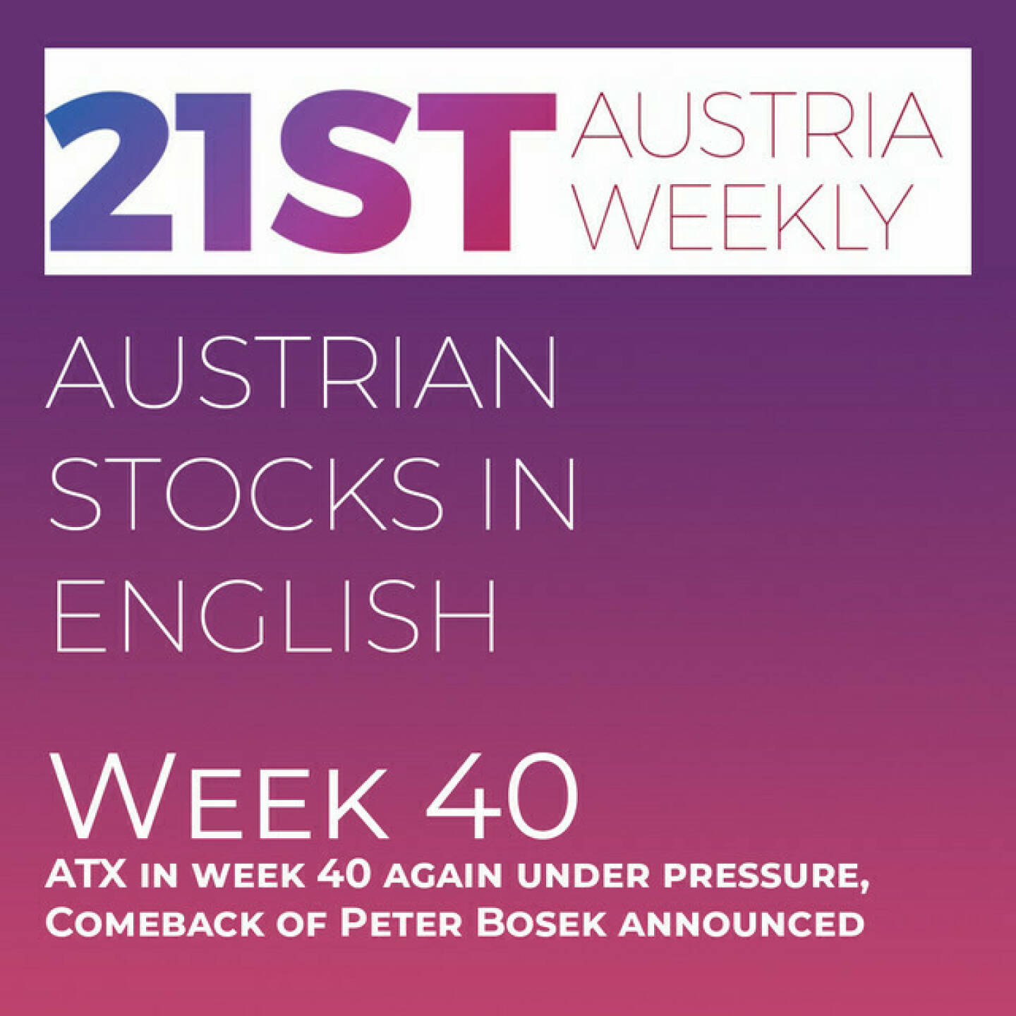 https://open.spotify.com/episode/2owuJ2tzWeLM7705aXKsuN
Austrian Stocks in English: ATX in week 40 again under pressure, Comeback of Peter Bosek announced - <p>Welcome  to "Austrian Stocks in English - presented by Palfinger", the english spoken weekly Summary for the Austrian Stock Market,  positioned every Sunday in the mostly german languaged Podcast "Audio-CD.at Indie Podcasts"- Wiener B&ouml;rse, Sport Musik und Mehr&ldquo; .<br/><br/>The following script ist based on our 21st Austria weekly and Week 40 was another red week for the Austrian Stock Market, ATX again fell under his starting value of the year. &nbsp;News came from Strabag, RHI Magnesita, OMV, Frequentis, FACC, , Erste Group (Peter Bosek), Andritz and Immofinanz, spoken by the absolutely smart Alison. <br/><br/><a href=https://boerse-social.com/21staustria target=_blank>https://boerse-social.com/21staustria</a><br/><br/>Please rate my Podcast on Apple Podcasts (or Spotify): <a href=https://podcasts.apple.com/at/podcast/audio-cd-at-indie-podcasts-wiener-boerse-sport-musik-und-mehr/id1484919130 target=_blank>https://podcasts.apple.com/at/podcast/audio-cd-at-indie-podcasts-wiener-boerse-sport-musik-und-mehr/id1484919130</a> .And please spread the word : <a href=https://www.boerse-social.com/21staustria target=_blank>https://www.boerse-social.com/21staustria</a> - the address to subscribe to the weekly summary as a PDF.</p>