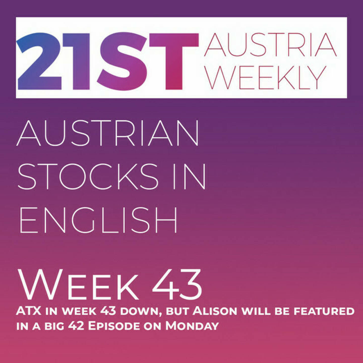 https://open.spotify.com/episode/2P6Bbz2gznpwiR6w2IqSve
Austrian Stocks in English: ATX in week 43 down, but Alison will be featured in a big 42 Episode on Monday - <p>Welcome  to "Austrian Stocks in English - presented by Palfinger", the english spoken weekly Summary for the Austrian Stock Market,  positioned every Sunday in the mostly german languaged Podcast "Audio-CD.at Indie Podcasts"- Wiener B&ouml;rse, Sport Musik und Mehr&ldquo; .<br/><br/>The following script is based on our 21st Austria weekly and week 43 had only 4 Trading days because of National Holiday in Austria on Thursday. Bottom Line the indices lost again, Bestperformer was Rosenbauer. News came from&nbsp;Kontron, FACC, voestalpine, Strabag, UBM, KTM, Verbund, AMAG, UBM, Semperit, Palfinger, Wolftank, Immofinanz/S Immo, Valneva, Andritz and Frequentis.&nbsp;And these News are spoken by the absolutely smart Alison, who is also featured in a special for 30x30 Finanzwissen pur on Monday.<br/><br/><a href=https://boerse-social.com/21staustria target=_blank>https://boerse-social.com/21staustria</a><br/><br/><a href=https://www.audio-cd.at/search/austrian%20stocks%20in%20english target=_blank>https://www.audio-cd.at/search/austrian%20stocks%20in%20english</a><br/><br/>30x30 Finanzwissen pur f&uuml;r &Ouml;sterreich auf Spotify am Montag mit Alison:: <a href=https://open.spotify.com/playlist/3MfSMoCXAJMdQGwjpjgmLm target=_blank>https://open.spotify.com/playlist/3MfSMoCXAJMdQGwjpjgmLm</a><br/><br/>Please rate my Podcast on Apple Podcasts (or Spotify): <a href=https://podcasts.apple.com/at/podcast/audio-cd-at-indie-podcasts-wiener-boerse-sport-musik-und-mehr/id1484919130 target=_blank>https://podcasts.apple.com/at/podcast/audio-cd-at-indie-podcasts-wiener-boerse-sport-musik-und-mehr/id1484919130</a> .And please spread the word : <a href=https://www.boerse-social.com/21staustria target=_blank>https://www.boerse-social.com/21staustria</a> - the address to subscribe to the weekly summary as a PDF.</p>