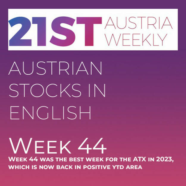 https://open.spotify.com/episode/58wtG9l4Fvhlgky416gT5w
Austrian Stocks in English: Week 44 was the best week for the ATX in 2023, which is now back in positive ytd area - <p>Welcome  to &#34;Austrian Stocks in English - presented by Palfinger&#34;, the english spoken weekly Summary for the Austrian Stock Market,  positioned every Sunday in the mostly german languaged Podcast &#34;Audio-CD.at Indie Podcasts&#34;- Wiener Börse, Sport Musik und Mehr“ .<br/><br/>The following script is based on our 21st Austria weekly and week 44 was the best week in 2023 with an ATX plus of 5,48 percent with AT&amp;S and Andritz 13 percent up. ATX is now back in positive year-to-date-area . News came from Erste Group, Palfinger, Frequentis (2), OMV, ams Osram, RHI Magnesita, Verbund, Andritz, AT&amp;S, Bawag, Lenzing, RBI, Kontron and voestalpine, spoken by the absolutely smart Alison.<br/><br/><a href=https://boerse-social.com/21staustria target=_blank>https://boerse-social.com/21staustria</a><br/><br/><a href=https://www.audio-cd.at/search/austrian%20stocks%20in%20english target=_blank>https://www.audio-cd.at/search/austrian%20stocks%20in%20english</a><br/><br/>30x30 Finanzwissen pur für Österreich auf Spotify spoken by Alison:: <a href=https://open.spotify.com/playlist/3MfSMoCXAJMdQGwjpjgmLm target=_blank>https://open.spotify.com/playlist/3MfSMoCXAJMdQGwjpjgmLm</a><br/><br/>Please rate my Podcast on Apple Podcasts (or Spotify): <a href=https://podcasts.apple.com/at/podcast/audio-cd-at-indie-podcasts-wiener-boerse-sport-musik-und-mehr/id1484919130 target=_blank>https://podcasts.apple.com/at/podcast/audio-cd-at-indie-podcasts-wiener-boerse-sport-musik-und-mehr/id1484919130</a> .And please spread the word : <a href=https://www.boerse-social.com/21staustria target=_blank>https://www.boerse-social.com/21staustria</a> - the address to subscribe to the weekly summary as a PDF.</p> (05.11.2023) 