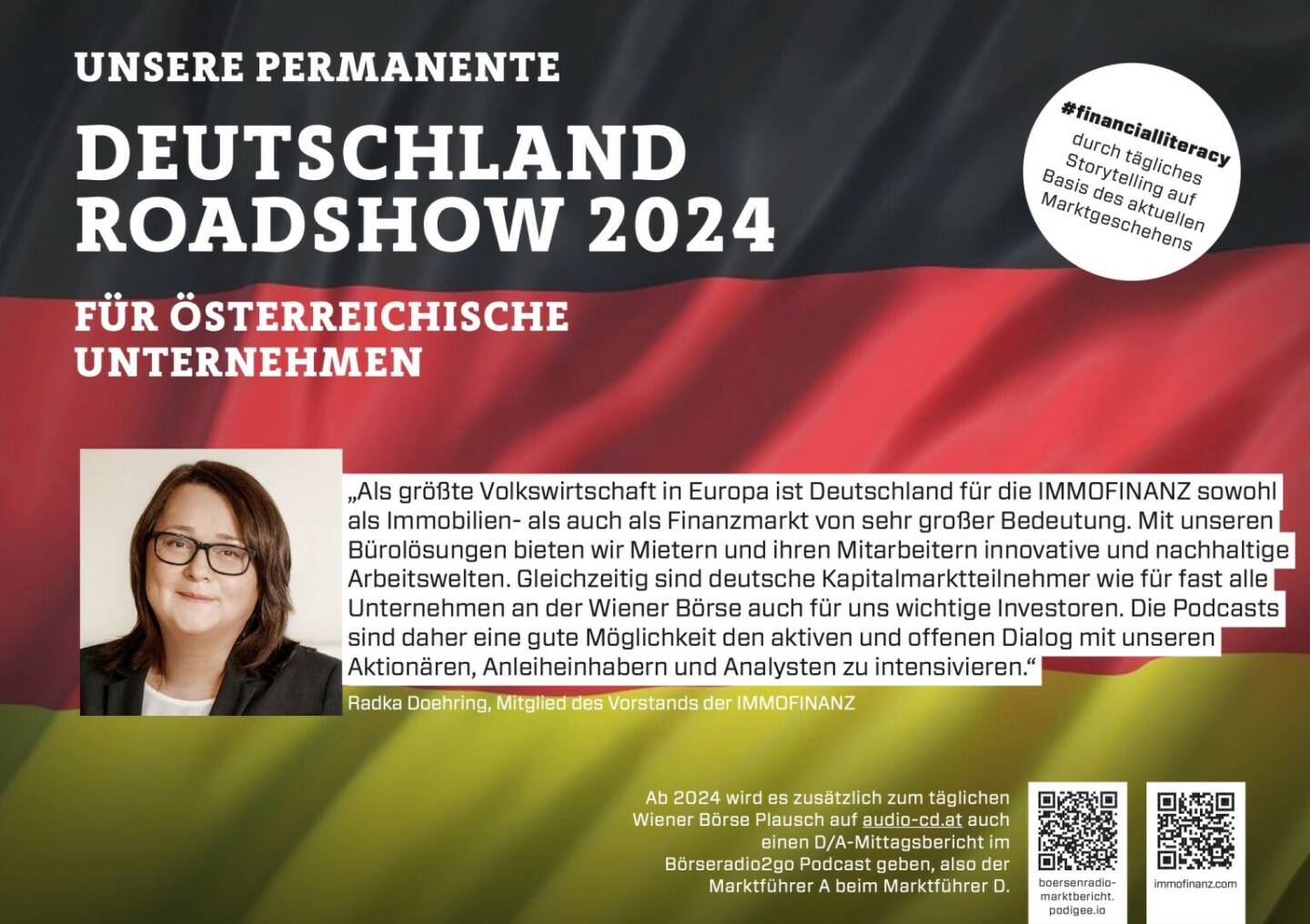 Radka Döhring mit der Immofinanz 2024 mit uns auf Deutschlandroadshow für https://boersenradio-marktbericht.podigee.io