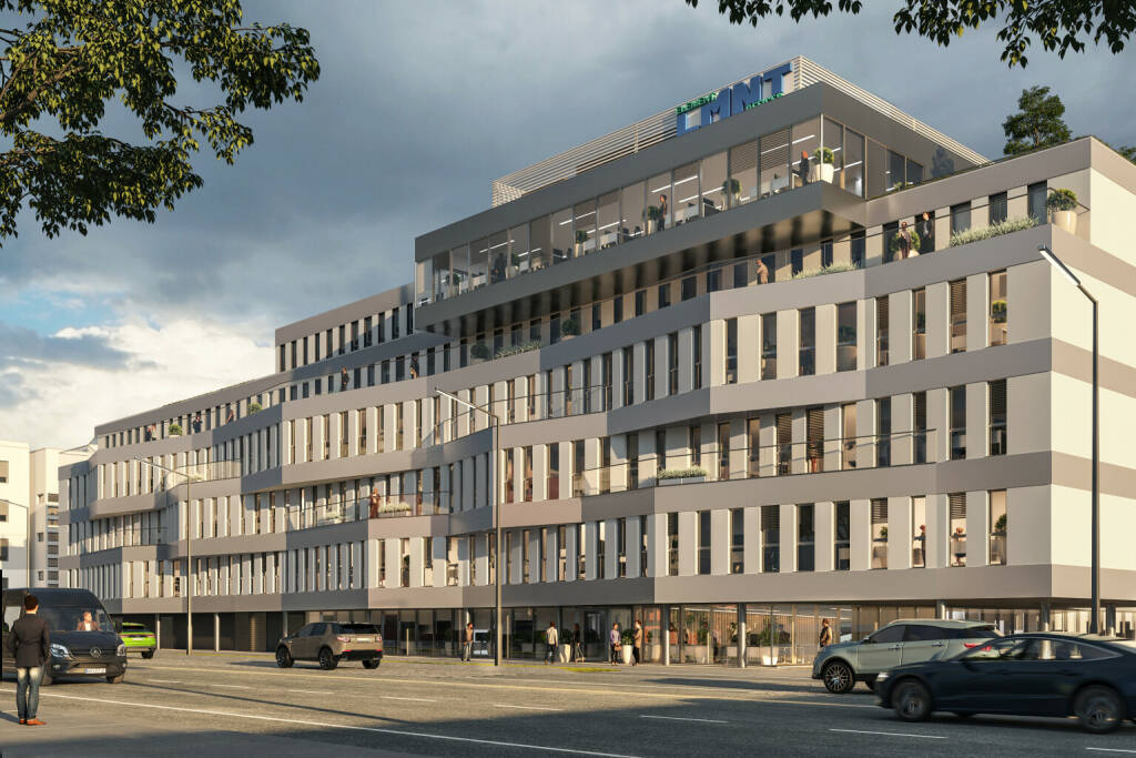 AVENTA AG: Übernahme des Büroimmobilienprojektes LMNT Offices in Wien , Fassadenansicht Brehmstraße 19, Foto: Squarebytes (29.11.2023) 