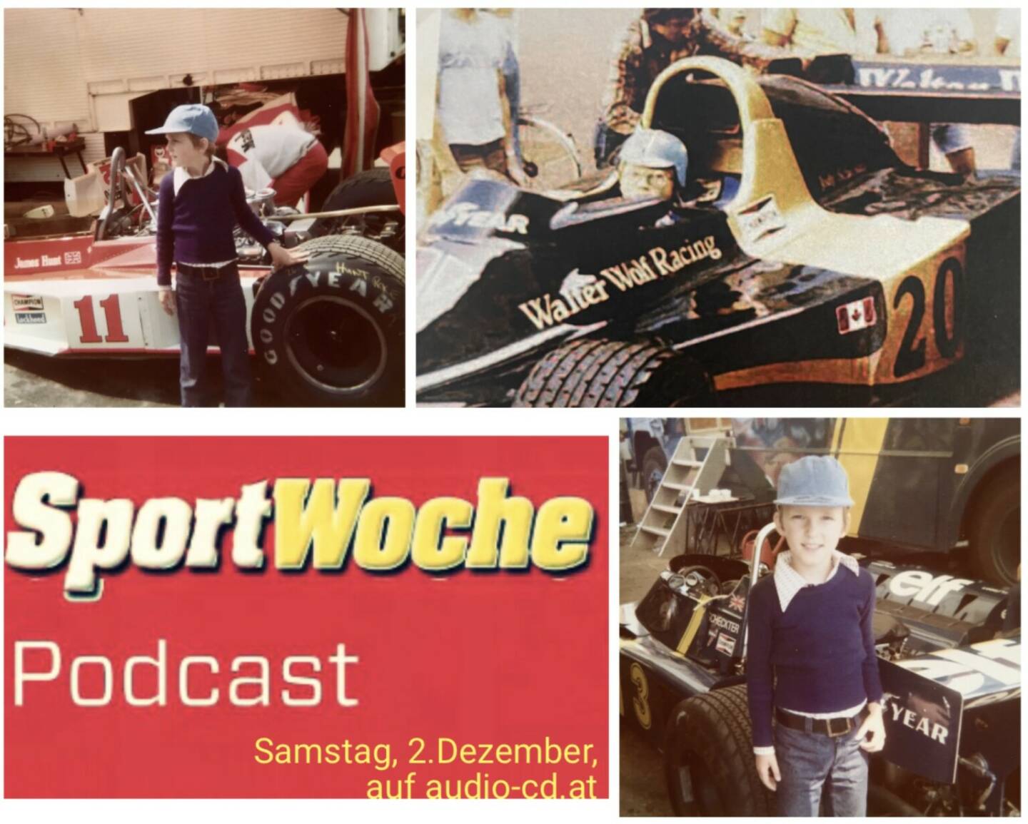 Formel 1: Rechts oben mein #sportwoche-Podcastgast vom 2.12. (im #boliden) und links oben und rechts unten ich als #poser 1976 am gleichen Ort. Zufällig, aber leiwand. Auflösung im https://www.sportgeschichte.at/sportwochepodcast und auf allen Podcast-Plattformen