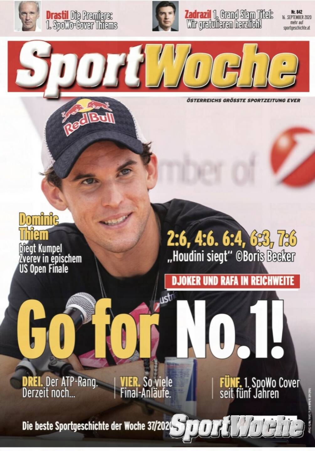 NÖ-Kalender der SportWoche, Tag 2: Dominic Thiem . Er war in der Aktivzeit der SportWoche 1998-2015 nie auf dem Cover, dafür haben wir ihm nach seinem US Open Sieg 2020 ein Cover in der Original Anmutung der SportWoche gewidmet.  Dominic war 5x Sportler des Jahres in NÖ, 1x Sportler des Jahres in Ö, Nr. 3 der ATP Tour, 17 Turniersiege auf der ATP Tour