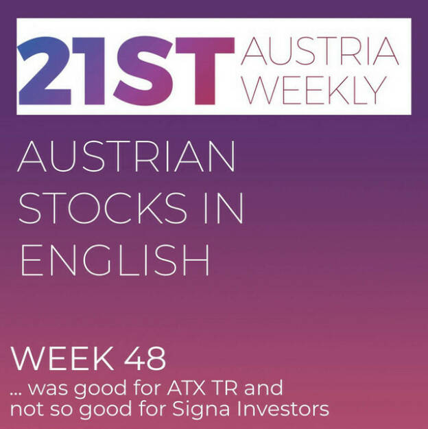 https://open.spotify.com/episode/7cRp5HoaS3odJFu0ywtJ0D
Austrian Stocks in English: Week 48 was good for ATX TR and not so good for Signa Investors - <p>Welcome  to &#34;Austrian Stocks in English - presented by Palfinger&#34;, the english spoken weekly Summary for the Austrian Stock Market,  positioned every Sunday in the mostly german languaged Podcast &#34;Audio-CD.at Indie Podcasts&#34;- Wiener Börse, Sport Musik und Mehr“ .<br/><br/>The following script is based on our 21st Austria weekly and Week 48 was a good week for ATX TR, which climbed 1,94 percent to 7353 points. Best performer was AT&amp;S. <br/><br/>We had a Roadshow in Warsaw: With Andritz, AT&amp;S, OMV, Mayr-Melnhof Karton, RBI, Palfinger, Porr, Strabag, Semperit, Telekom, voestalpine and Uniqa, twelve ATX prime companies presented themselves to more than 20 Polish institutional investors on November 30th. <br/><br/>Property and retail giant Signa, listed only with bonds on the Vienna Stock Exchange, declared insolvency on Wednesday after last-ditch attempts to secure fresh funding failed. News came from Vienna Insurance Group, Valneva, Frequentis, Warimpex, Wolftank, CA Immo, Immofinanz, VIG, S Immo and Andritz, spoken by Alison.<br/><br/><a href=https://boerse-social.com/21staustria target=_blank>https://boerse-social.com/21staustria</a><br/><br/><a href=https://www.audio-cd.at/search/austrian%20stocks%20in%20english target=_blank>https://www.audio-cd.at/search/austrian%20stocks%20in%20english</a><br/><br/>30x30 Finanzwissen pur für Österreich auf Spotify spoken by Alison:: <a href=https://open.spotify.com/playlist/3MfSMoCXAJMdQGwjpjgmLm target=_blank>https://open.spotify.com/playlist/3MfSMoCXAJMdQGwjpjgmLm</a><br/><br/>Please rate my Podcast on Apple Podcasts (or Spotify): <a href=https://podcasts.apple.com/at/podcast/audio-cd-at-indie-podcasts-wiener-boerse-sport-musik-und-mehr/id1484919130 target=_blank>https://podcasts.apple.com/at/podcast/audio-cd-at-indie-podcasts-wiener-boerse-sport-musik-und-mehr/id1484919130</a> .And please spread the word : <a href=https://www.boerse-social.com/21staustria target=_blank>https://www.boerse-social.com/21staustria</a> - the address to subscribe to the weekly summary as a PDF.</p> (03.12.2023) 