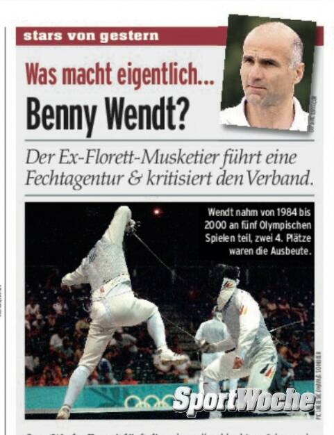 NÖ-Kalender der SportWoche, Tag 8: Joachim Wendt (Benny kommt vom englischen Kicker Benny Wendt) ist ein österreichischer Fechter, 1983 NÖ-Sportler des Jahres, er nahm 5x an Olympischen Spielen teil und wurde und 2x Olympiavierter mit der Florett-Mannschaft. Bei Europameisterschaften gewann er eine Gold- und eine Silbermedaille sowie zwei Bronzemedaillen. Seine Fechtagentur in Mödling ist legendär. (08.12.2023) 