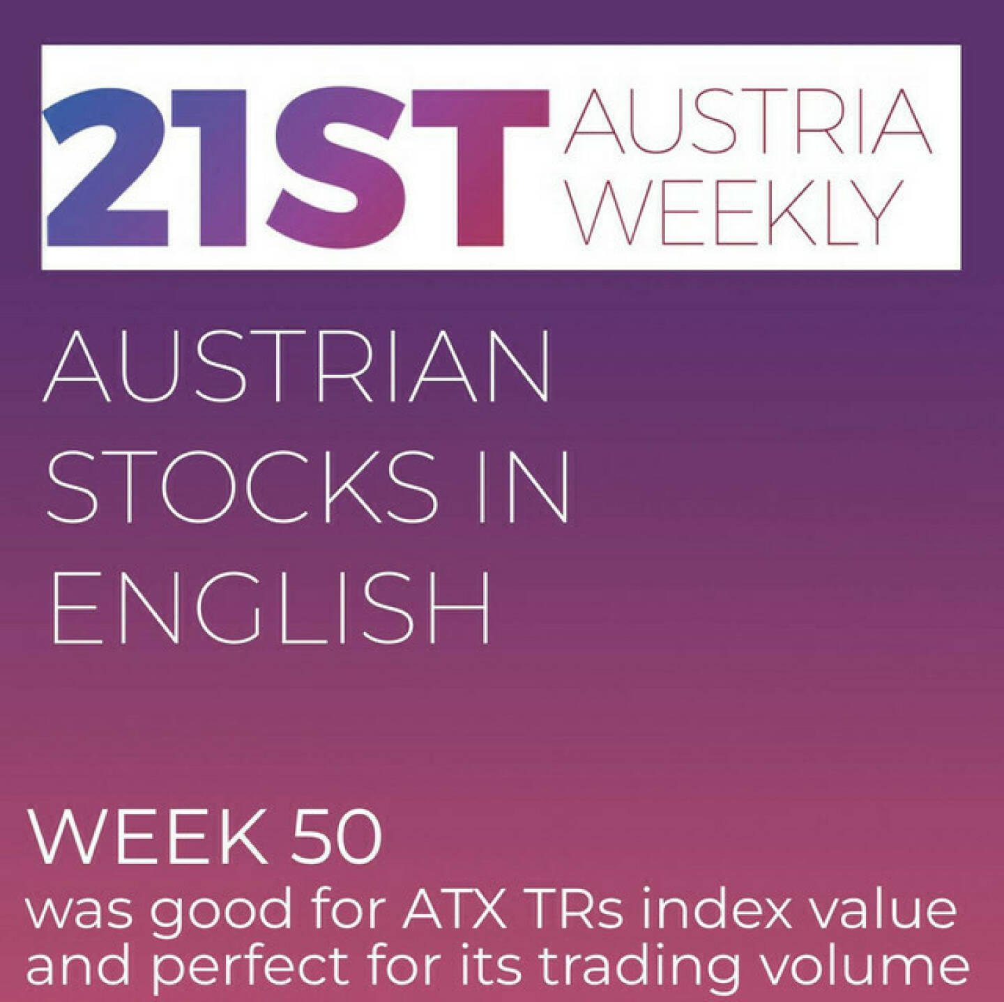 https://open.spotify.com/episode/1b0NMZVoRYxwEpCPefMgmY
Austrian Stocks in English: Week 50 was good for ATX TRs index value and perfect when it comes to trading volume - <p>Welcome  to &#34;Austrian Stocks in English - presented by Palfinger&#34;, the english spoken weekly Summary for the Austrian Stock Market,  positioned every Sunday in the mostly german languaged Podcast &#34;Audio-CD.at Indie Podcasts&#34;- Wiener Börse, Sport Musik und Mehr“ . <br/><br/>The following script is based on our 21st Austria weekly and Week 50 was a good week for ATX TR, which gained 1,49 percent. On Friday we had the last Expiry and Settlement Day for Austrian Futures an Options on Eurex 2023 and this day delivered a turnover for 630 Mio. Euros, the best day when it comes to turnover 2023. Details I will present in my Wiener Börse Plausch on Monday. News came from Rosenbauer, Strabag, OMV (2), Andritz (3), Vienna Airport, UBM (2), Marinomed, EVN and VIG.And now a hand over the Microphone to the absolutely smart Alison.<br/><br/><a href=https://boerse-social.com/21staustria target=_blank>https://boerse-social.com/21staustria</a><br/><br/><a href=https://www.audio-cd.at/search/austrian%20stocks%20in%20english target=_blank>https://www.audio-cd.at/search/austrian%20stocks%20in%20english</a><br/><br/>30x30 Finanzwissen pur für Österreich auf Spotify spoken by Alison:: <a href=https://open.spotify.com/playlist/3MfSMoCXAJMdQGwjpjgmLm target=_blank>https://open.spotify.com/playlist/3MfSMoCXAJMdQGwjpjgmLm</a><br/><br/>Please rate my Podcast on Apple Podcasts (or Spotify): <a href=https://podcasts.apple.com/at/podcast/audio-cd-at-indie-podcasts-wiener-boerse-sport-musik-und-mehr/id1484919130 target=_blank>https://podcasts.apple.com/at/podcast/audio-cd-at-indie-podcasts-wiener-boerse-sport-musik-und-mehr/id1484919130</a> .And please spread the word : <a href=https://www.boerse-social.com/21staustria target=_blank>https://www.boerse-social.com/21staustria</a> - the address to subscribe to the weekly summary as a PDF.</p>