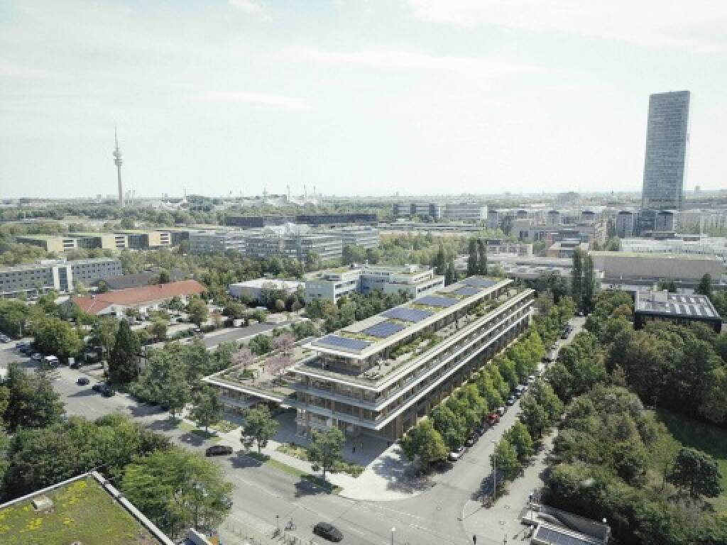 UBM: Visualisierung Luftaufnahme Timber Works München, Credit: olive architekten (19.12.2023) 