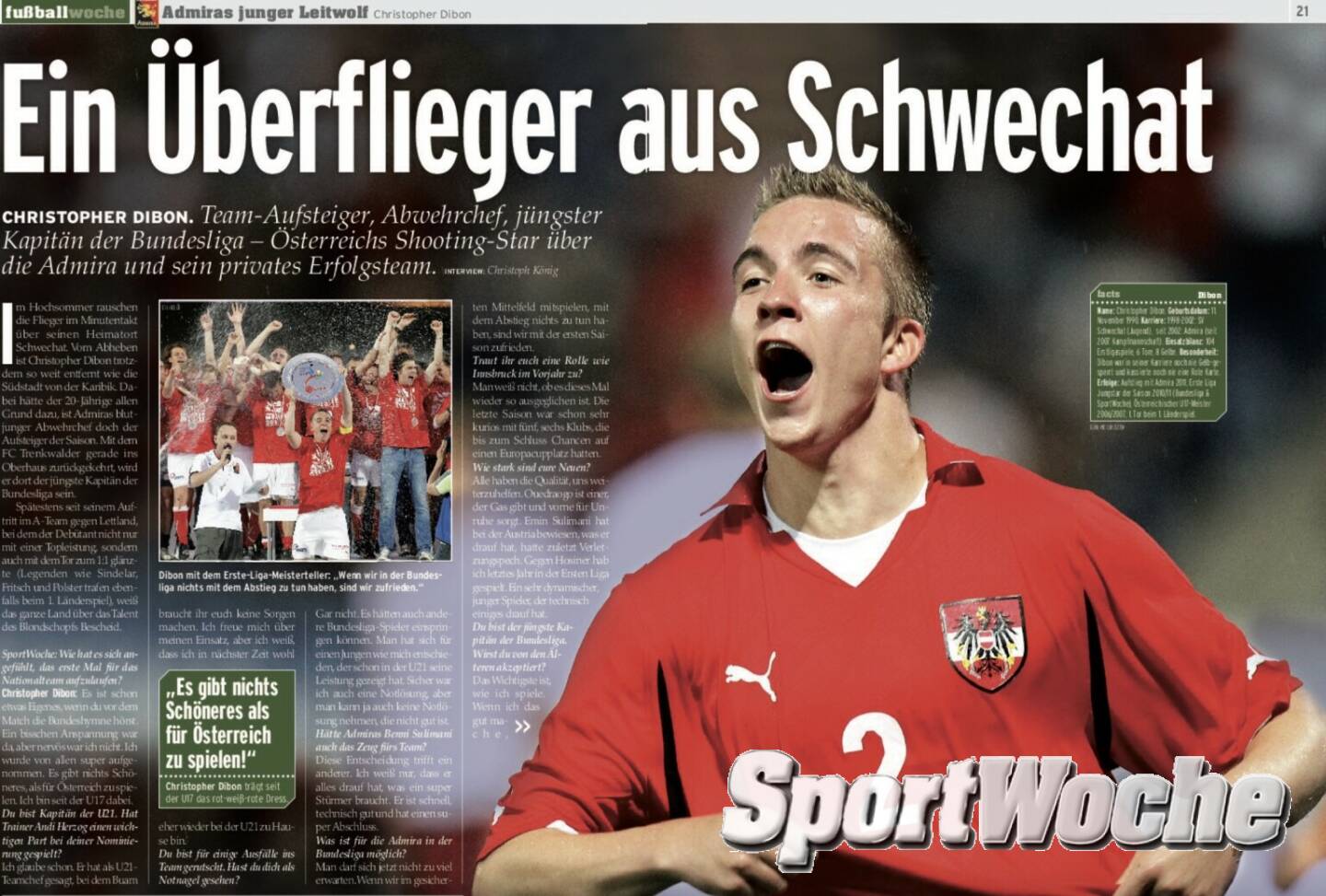 NÖ-Kalender der SportWoche, Tag 19: Christopher Dibon (Schwechat) spielte u.a. bei Admira Wacker (mehrfach NÖ Team des Jahres), Red Bull Salzburg und Rapid Wien, war 2011 sogar einmal im A-Team und erzielte dabei gleich ein Tor. Torquote 1,0 bedeutet die Führung, Verletzungen verhinderten eine noch grössere Karriere.