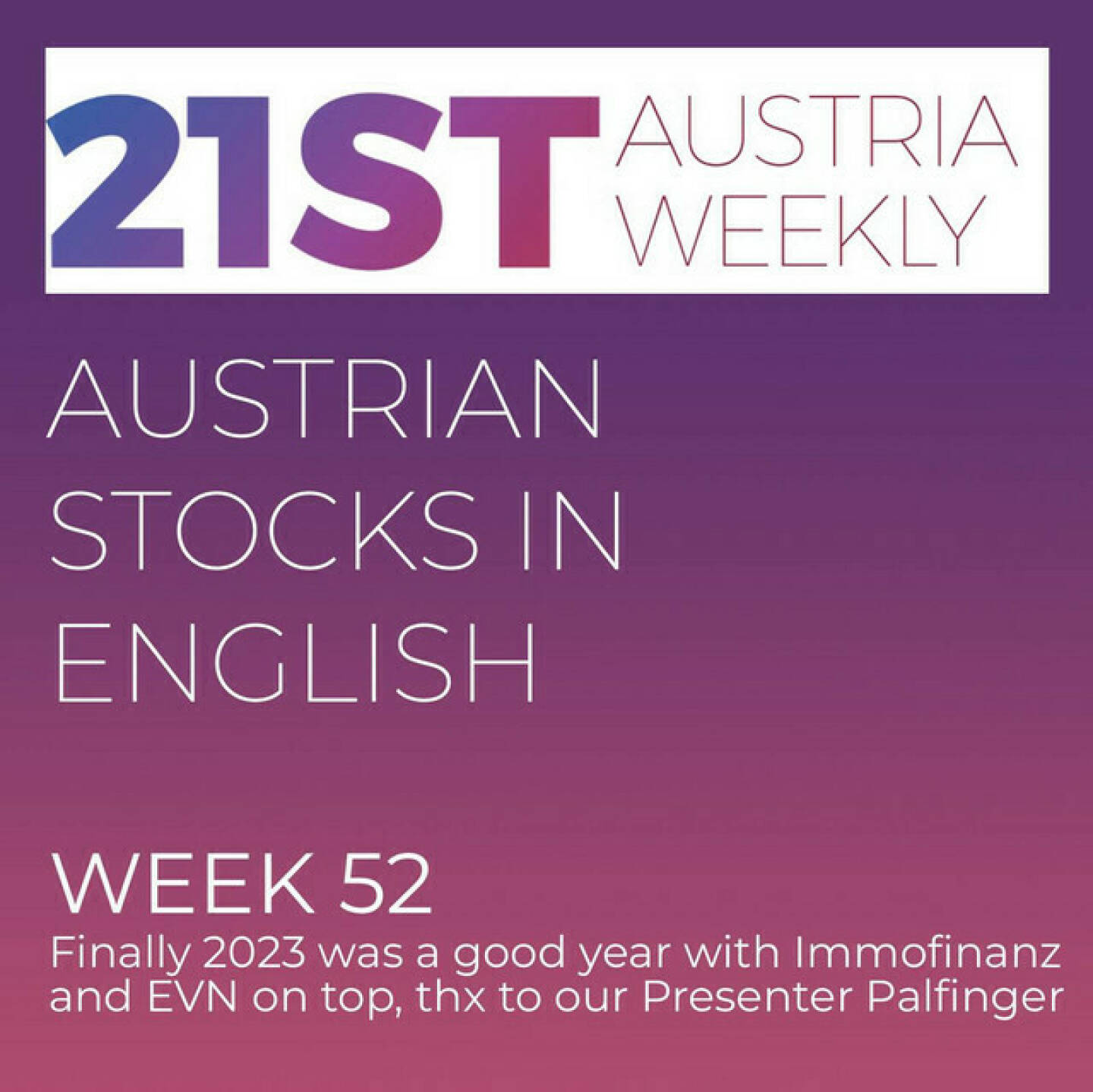 https://open.spotify.com/episode/6LB5zUYLx3wctKwCFkRm6c
Austrian Stocks in English: Finally 2023 was a good year with Immofinanz and EVN on top - <p>Welcome to &#34;Austrian Stocks in English - presented by Palfinger&#34;, the english spoken weekly Summary for the Austrian Stock Market,  positioned every Sunday in the mostly german languaged Podcast &#34;Audio-CD.at Indie Podcasts&#34;- Wiener Börse, Sport Musik und Mehr“ . <br/><br/>The following script is based on our 21st Austria weekly.  ATX TR finished 2023 with plus 15,44%. We saw 140 days with a positive and 114 with a negative performance, best weekday was Tuesday with 0,19%, the weakest Wednesday with -0,15%. Top in ATXPrime 2023: Immofinanz 79% (last year: -48,45 percent) followed by EVN 68,05% (last year: -36,47 percent) and Flughafen Wien 57,96% (last year: 21,62 percent). News in the Last Week came from Kapsch, Bawag, Austriacard, Mayr-Melnhof and Valneva. Thx to our Presenter Palfinger und thx to our Speaker Alison.<br/><br/><a href=https://boerse-social.com/21staustria target=_blank>https://boerse-social.com/21staustria</a><br/><br/><a href=https://www.audio-cd.at/search/austrian%20stocks%20in%20english target=_blank>https://www.audio-cd.at/search/austrian%20stocks%20in%20english</a><br/><br/>30x30 Finanzwissen pur für Österreich auf Spotify spoken by Alison:: <a href=https://open.spotify.com/playlist/3MfSMoCXAJMdQGwjpjgmLm target=_blank>https://open.spotify.com/playlist/3MfSMoCXAJMdQGwjpjgmLm</a><br/><br/>Please rate my Podcast on Apple Podcasts (or Spotify): <a href=https://podcasts.apple.com/at/podcast/audio-cd-at-indie-podcasts-wiener-boerse-sport-musik-und-mehr/id1484919130 target=_blank>https://podcasts.apple.com/at/podcast/audio-cd-at-indie-podcasts-wiener-boerse-sport-musik-und-mehr/id1484919130</a> .And please spread the word : <a href=https://www.boerse-social.com/21staustria target=_blank>https://www.boerse-social.com/21staustria</a> - the address to subscribe to the weekly summary as a PDF.</p>