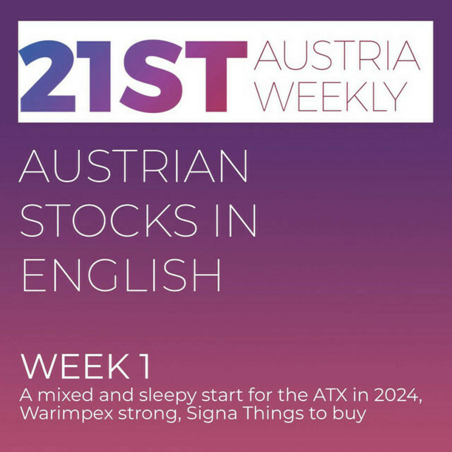 https://open.spotify.com/episode/1pt5zcosv9E2WH8BExFKdr
Austrian Stocks in English: A mixed and sleepy start for the ATX in 2024, Warimpex strong, Signa Things to buy - <p>Welcome to "Austrian Stocks in English - presented by Palfinger", the english spoken weekly Summary for the Austrian Stock Market,  positioned every Sunday in the mostly german languaged Podcast "Audio-CD.at Indie Podcasts"- Wiener B&ouml;rse, Sport Musik und Mehr&ldquo; . <br/><br/>The following script is based on our 21st Austria weekly. ATX TR started in week one with 4 trading days with a 2:2, but bottom line slightly lower. Gainers came with Warimpex, UBM und Polytec from the 2nd Row and News came from&nbsp;SBO, OMV Petrom, Vienna Airport, Kapsch TrafficCom and Signa, spoken by Alison.<br/><br/><a href=https://boerse-social.com/21staustria target=_blank>https://boerse-social.com/21staustria</a><br/><br/><a href=https://www.audio-cd.at/search/austrian%20stocks%20in%20english target=_blank>https://www.audio-cd.at/search/austrian%20stocks%20in%20english</a><br/><br/>30x30 Finanzwissen pur f&uuml;r &Ouml;sterreich auf Spotify spoken by Alison:: <a href=https://open.spotify.com/playlist/3MfSMoCXAJMdQGwjpjgmLm target=_blank>https://open.spotify.com/playlist/3MfSMoCXAJMdQGwjpjgmLm</a><br/><br/>Please rate my Podcast on Apple Podcasts (or Spotify): <a href=https://podcasts.apple.com/at/podcast/audio-cd-at-indie-podcasts-wiener-boerse-sport-musik-und-mehr/id1484919130 target=_blank>https://podcasts.apple.com/at/podcast/audio-cd-at-indie-podcasts-wiener-boerse-sport-musik-und-mehr/id1484919130</a> .And please spread the word : <a href=https://www.boerse-social.com/21staustria target=_blank>https://www.boerse-social.com/21staustria</a> - the address to subscribe to the weekly summary as a PDF.</p>