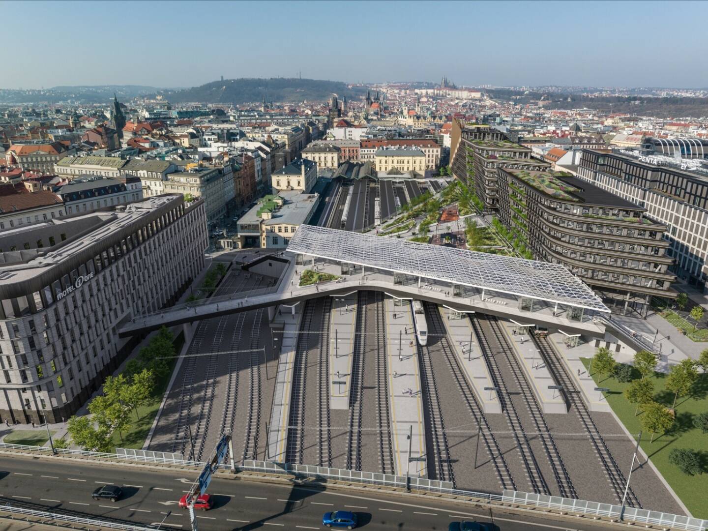 Strabag: Umbau des Prager Bahnhofs Masaryk: Eine 8.600 m² große, begrünte Stahlplattform ermöglicht zukünftig eine barrierefreie Überquerung der Bahnanlagen und leichten Zugang zu den Gleisen. Copyright: Správa železnic