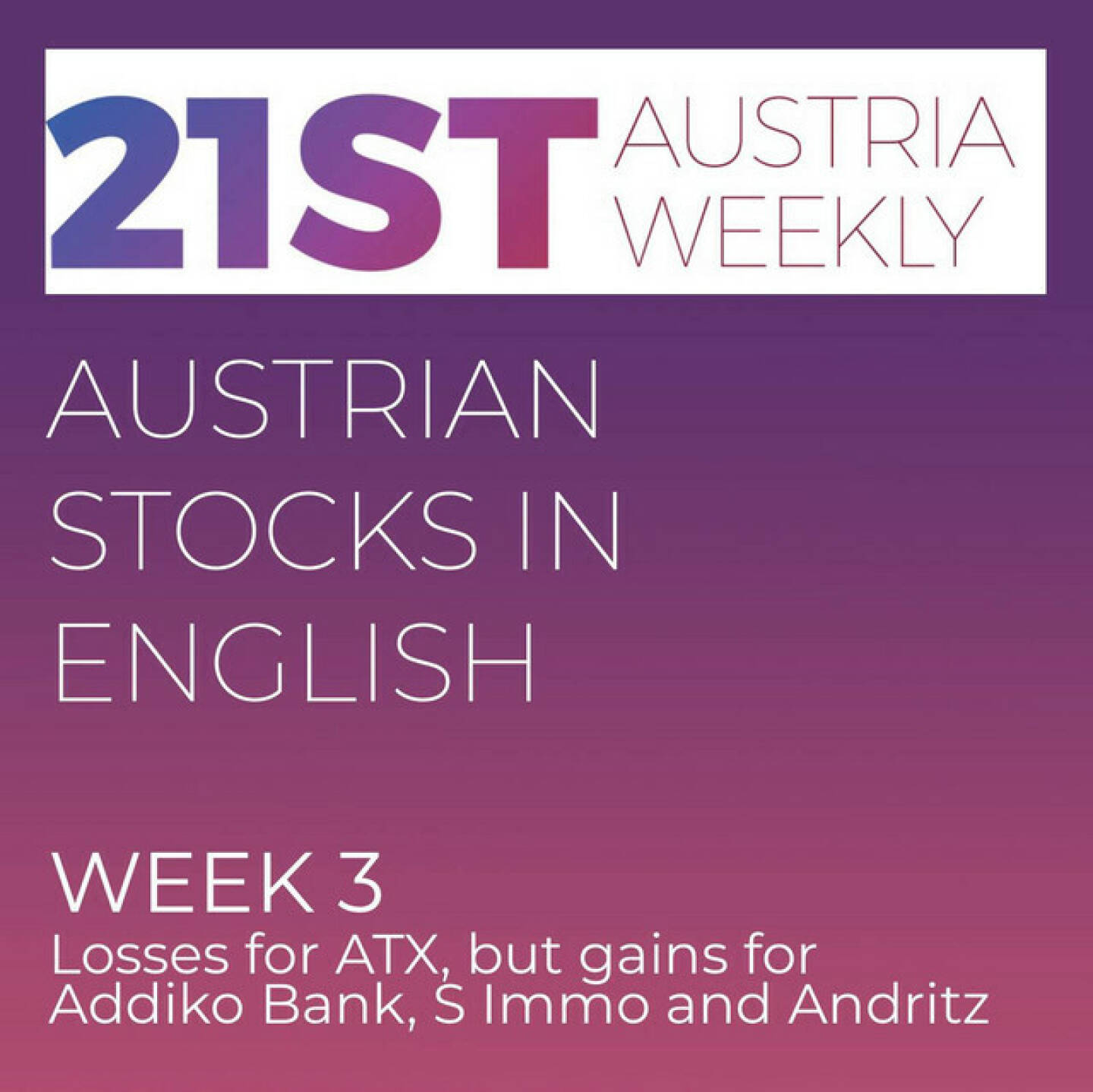 https://open.spotify.com/episode/7cAdWDVxlvsVT8UdvNJnTC
Austrian Stocks in English: Week 3 with losses for ATX, but gains for Addiko Bank, S Immo and Andritz - <p>Welcome to "Austrian Stocks in English - presented by Palfinger", the english spoken weekly Summary for the Austrian Stock Market,  positioned every Sunday in the mostly german languaged Podcast "Audio-CD.at Indie Podcasts"- Wiener B&ouml;rse, Sport Musik und Mehr&ldquo; . <br/><br/>The following script is based on our 21st Austria weekly. Week 3 brought losses for the ATX, but Addiko Bank, S Immo and Andritz performed well. News came from Kontron, OMV, Kapsch TrafficCom, Austrian Post, SBO, Vienna Airport, Kontron, Andritz and AT&amp;S., spoken by Alison.<br/><br/><a href=https://boerse-social.com/21staustria target=_blank>https://boerse-social.com/21staustria</a><br/><br/><a href=https://www.audio-cd.at/search/austrian%20stocks%20in%20english target=_blank>https://www.audio-cd.at/search/austrian%20stocks%20in%20english</a><br/><br/>30x30 Finanzwissen pur f&uuml;r &Ouml;sterreich auf Spotify spoken by Alison:: <a href=https://open.spotify.com/playlist/3MfSMoCXAJMdQGwjpjgmLm target=_blank>https://open.spotify.com/playlist/3MfSMoCXAJMdQGwjpjgmLm</a><br/><br/>Please rate my Podcast on Apple Podcasts (or Spotify): <a href=https://podcasts.apple.com/at/podcast/audio-cd-at-indie-podcasts-wiener-boerse-sport-musik-und-mehr/id1484919130 target=_blank>https://podcasts.apple.com/at/podcast/audio-cd-at-indie-podcasts-wiener-boerse-sport-musik-und-mehr/id1484919130</a> .And please spread the word : <a href=https://www.boerse-social.com/21staustria target=_blank>https://www.boerse-social.com/21staustria</a> - the address to subscribe to the weekly summary as a PDF.</p>