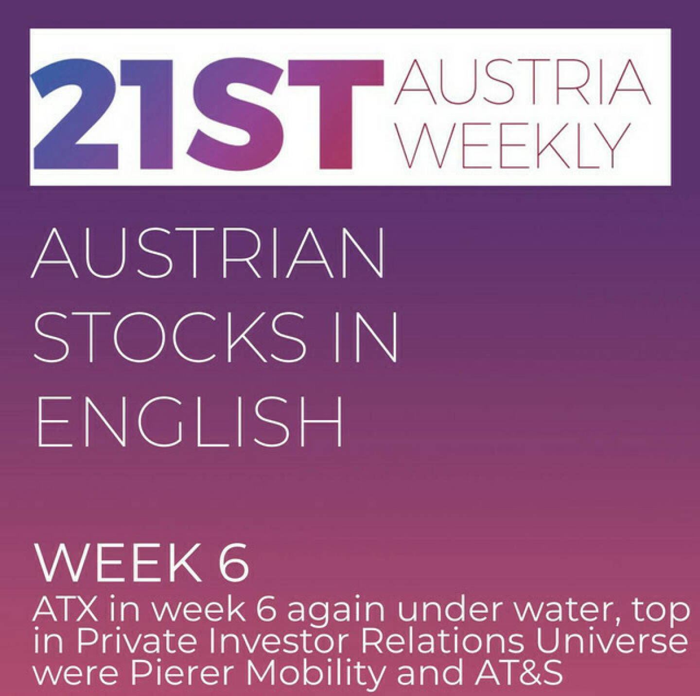 https://open.spotify.com/episode/4ntxVQEpqig2hRSY8SksyX
Austrian Stocks in English: ATX in week 6 again under water, top in Private Investor Relations Universe were Pierer Mobility and AT&S - <p>Welcome to &#34;Austrian Stocks in English - presented by Palfinger&#34;, the english spoken weekly Summary for the Austrian Stock Market,  positioned every Sunday in the mostly german languaged Podcast &#34;Audio-CD.at Indie Podcasts&#34;- Wiener Börse, Sport Musik und Mehr“ . <br/><br/>The following script is based on our 21st Austria weekly. In week 6 ATX lost 2,33 percent to 3358 points, year to date now 2,16 percent under water, Best stock in the Private Investor Relations Universe with 37 equities were Pierer Mobility and AT&amp;S. News came from FACC, Valneva, Strabag, Marinomed, Verbund and Immofinanz, spoken by the absolutely smart Alison.<br/><br/><a href=https://boerse-social.com/21staustria target=_blank>https://boerse-social.com/21staustria</a><br/><br/><a href=https://www.audio-cd.at/search/austrian%20stocks%20in%20english target=_blank>https://www.audio-cd.at/search/austrian%20stocks%20in%20english</a><br/><br/>30x30 Finanzwissen pur für Österreich auf Spotify spoken by Alison:: <a href=https://open.spotify.com/playlist/3MfSMoCXAJMdQGwjpjgmLm target=_blank>https://open.spotify.com/playlist/3MfSMoCXAJMdQGwjpjgmLm</a><br/><br/>Please rate my Podcast on Apple Podcasts (or Spotify): <a href=https://podcasts.apple.com/at/podcast/audio-cd-at-indie-podcasts-wiener-boerse-sport-musik-und-mehr/id1484919130 target=_blank>https://podcasts.apple.com/at/podcast/audio-cd-at-indie-podcasts-wiener-boerse-sport-musik-und-mehr/id1484919130</a> .And please spread the word : <a href=https://www.boerse-social.com/21staustria target=_blank>https://www.boerse-social.com/21staustria</a> - the address to subscribe to the weekly summary as a PDF.</p>