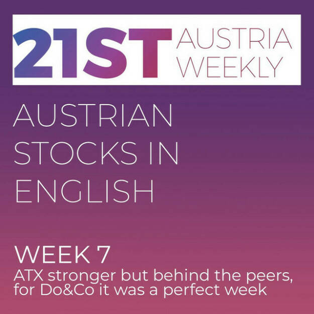 https://open.spotify.com/episode/4Js6Y83dq4RWbTzFD2S5Ym
Austrian Stocks in English: ATX in week 7 stronger, but behind the peers, for Do&Co it was a perfect week - <p>Welcome to &#34;Austrian Stocks in English - presented by Palfinger&#34;, the english spoken weekly Summary for the Austrian Stock Market,  positioned every Sunday in the mostly german languaged Podcast &#34;Audio-CD.at Indie Podcasts&#34;- Wiener Börse, Sport Musik und Mehr“ . <br/><br/>The following script is based on our 21st Austria weekly. Week 7 was a good week for ATX TR which gained 1,42 percent to 7.557,3 points. But in times, when comparable indices are hitting new all time highs a year to date minus of still 0,77 percent is not so exciting. Impressive is Do&amp;Co however, best stock of the week and also with new all time highs. News came from Strabag, Telekom, Verbund, Kapsch TrafficCom, Marinomed, CA Immo, Vienna Airport, RBI, Agrana, Amag, Strabag, Valneva, Do&amp;Co, Constantia Flexibles and Porr.<br/><br/><a href=https://boerse-social.com/21staustria target=_blank>https://boerse-social.com/21staustria</a><br/><br/><a href=https://www.audio-cd.at/search/austrian%20stocks%20in%20english target=_blank>https://www.audio-cd.at/search/austrian%20stocks%20in%20english</a><br/><br/>30x30 Finanzwissen pur für Österreich auf Spotify spoken by Alison:: <a href=https://open.spotify.com/playlist/3MfSMoCXAJMdQGwjpjgmLm target=_blank>https://open.spotify.com/playlist/3MfSMoCXAJMdQGwjpjgmLm</a><br/><br/>Please rate my Podcast on Apple Podcasts (or Spotify): <a href=https://podcasts.apple.com/at/podcast/audio-cd-at-indie-podcasts-wiener-boerse-sport-musik-und-mehr/id1484919130 target=_blank>https://podcasts.apple.com/at/podcast/audio-cd-at-indie-podcasts-wiener-boerse-sport-musik-und-mehr/id1484919130</a> .And please spread the word : <a href=https://www.boerse-social.com/21staustria target=_blank>https://www.boerse-social.com/21staustria</a> - the address to subscribe to the weekly summary as a PDF.</p> (18.02.2024) 