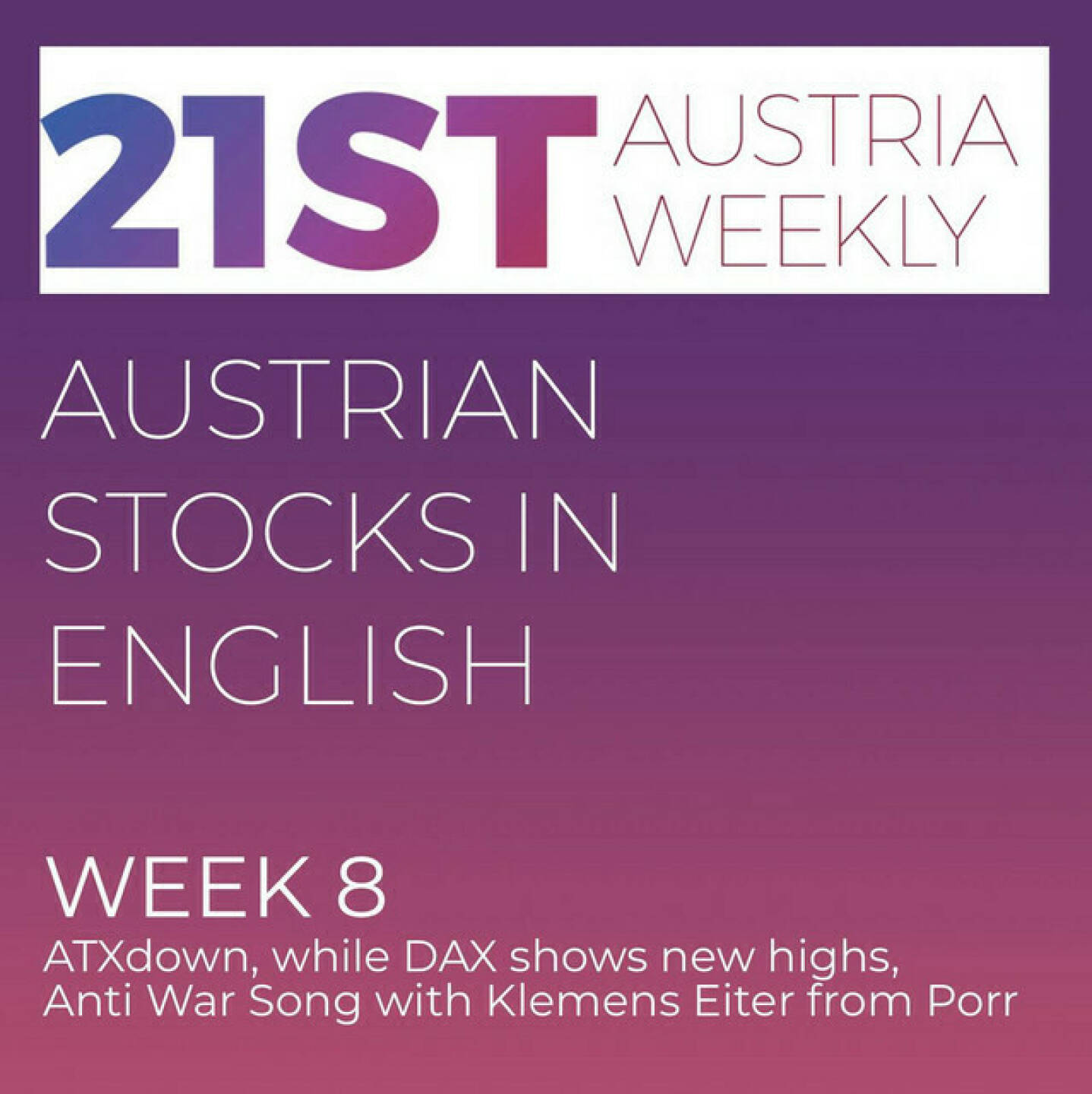 https://open.spotify.com/episode/0WkrAXKOvIvQQRsHV5ULge
Austrian Stocks in English: ATX in week 8 down, while DAX shows new highs, Anti War Song with Klemens Eiter from Porr - <p>Welcome to &#34;Austrian Stocks in English - presented by Palfinger&#34;, the english spoken weekly Summary for the Austrian Stock Market,  positioned every Sunday in the mostly german languaged Podcast &#34;Audio-CD.at Indie Podcasts&#34;- Wiener Börse, Sport Musik und Mehr“ . <br/><br/>The following script is based on our 21st Austria weekly. In week 8 the German DAX showed a series of new records, while Austrian ATX lost 0,64 percent. News came from UBM, Strabag, Kapsch TrafficCom, Wienerberger, FACC, Porr and Frequentis. Finally let us listen to our anti war song relased yesterday bei audio cd, this song is featuring Porr CFO Klemens Eiter and Opera Singer Ruzanna Ananyan. <br/><br/>The Song on Spotify: <a href=https://open.spotify.com/episode/5H716CtekvlPwqBDbR2mfw target=_blank>https://open.spotify.com/episode/5H716CtekvlPwqBDbR2mfw</a><br/><br/><a href=https://boerse-social.com/21staustria target=_blank>https://boerse-social.com/21staustria</a><br/><br/><a href=https://www.audio-cd.at/search/austrian%20stocks%20in%20english target=_blank>https://www.audio-cd.at/search/austrian%20stocks%20in%20english</a><br/><br/>30x30 Finanzwissen pur für Österreich auf Spotify spoken by Alison:: <a href=https://open.spotify.com/playlist/3MfSMoCXAJMdQGwjpjgmLm target=_blank>https://open.spotify.com/playlist/3MfSMoCXAJMdQGwjpjgmLm</a><br/><br/>Please rate my Podcast on Apple Podcasts (or Spotify): <a href=https://podcasts.apple.com/at/podcast/audio-cd-at-indie-podcasts-wiener-boerse-sport-musik-und-mehr/id1484919130 target=_blank>https://podcasts.apple.com/at/podcast/audio-cd-at-indie-podcasts-wiener-boerse-sport-musik-und-mehr/id1484919130</a> .And please spread the word : <a href=https://www.boerse-social.com/21staustria target=_blank>https://www.boerse-social.com/21staustria</a> - the address to subscribe to the weekly summary as a PDF.</p>