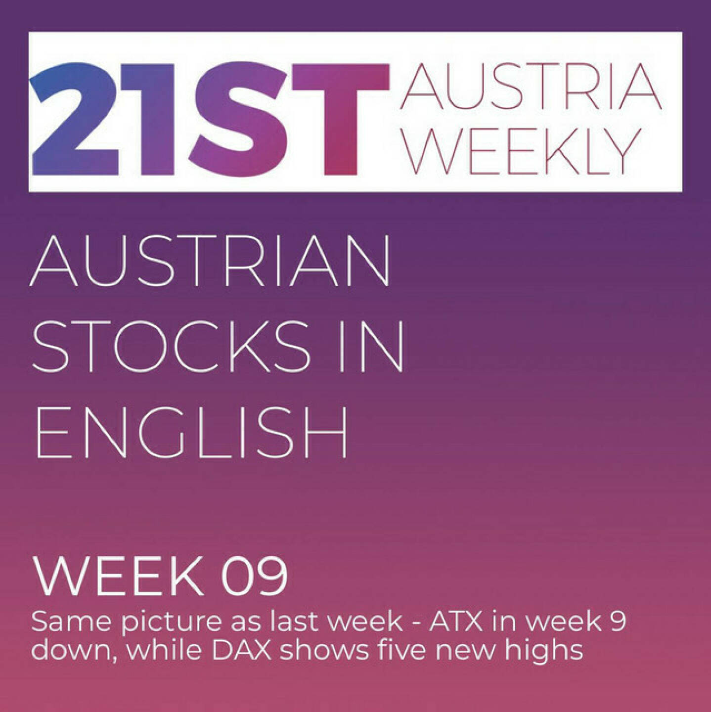 https://open.spotify.com/episode/4e7un9XrHjHgUQI58V1xuV
Austrian Stocks in English: Same picture as last week - ATX in week 9 down, while DAX shows five new highs - <p>Welcome to &#34;Austrian Stocks in English - presented by Palfinger&#34;, the english spoken weekly Summary for the Austrian Stock Market,  positioned every Sunday in the mostly german languaged Podcast &#34;Audio-CD.at Indie Podcasts&#34;- Wiener Börse, Sport Musik und Mehr“ . <br/><br/>The following script is based on our 21st Austria weekly. Week 9 was again a mixed week for ATX TR which lost  -0,18% to 7.494,95 points, while DAX continues to run from record to record. At February Ultimo we saw 499 Mio. Euro Trading Volume in Vienna, this was by far the best day in 2024. News came from Strabag, S Immo, Porr, Vienna Airport, CA Immo, Erste Group, Wienerberger, Vienna Stock Exchange and Marinomed.<br/><br/><a href=https://boerse-social.com/21staustria target=_blank>https://boerse-social.com/21staustria</a><br/><br/><a href=https://www.audio-cd.at/search/austrian%20stocks%20in%20english target=_blank>https://www.audio-cd.at/search/austrian%20stocks%20in%20english</a><br/><br/>30x30 Finanzwissen pur für Österreich auf Spotify spoken by Alison:: <a href=https://open.spotify.com/playlist/3MfSMoCXAJMdQGwjpjgmLm target=_blank>https://open.spotify.com/playlist/3MfSMoCXAJMdQGwjpjgmLm</a><br/><br/>Please rate my Podcast on Apple Podcasts (or Spotify): <a href=https://podcasts.apple.com/at/podcast/audio-cd-at-indie-podcasts-wiener-boerse-sport-musik-und-mehr/id1484919130 target=_blank>https://podcasts.apple.com/at/podcast/audio-cd-at-indie-podcasts-wiener-boerse-sport-musik-und-mehr/id1484919130</a> .And please spread the word : <a href=https://www.boerse-social.com/21staustria target=_blank>https://www.boerse-social.com/21staustria</a> - the address to subscribe to the weekly summary as a PDF.</p>