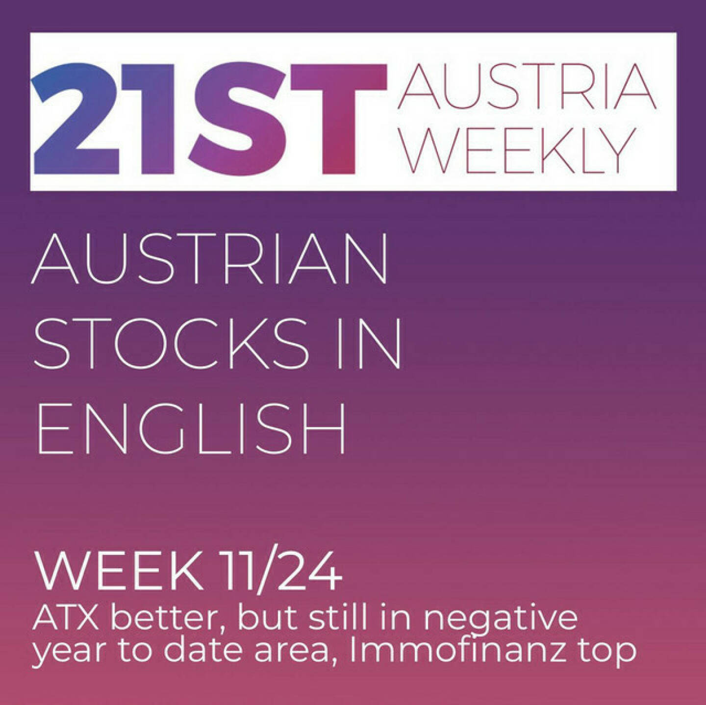 https://open.spotify.com/episode/3opyxheWbJSesX4CujoGu1
Austrian Stocks in English: ATX in week 11 better, but still in negative year to date area, Immofinanz on top - <p>Welcome to &#34;Austrian Stocks in English - presented by Palfinger&#34;, the english spoken weekly Summary for the Austrian Stock Market,  positioned every Sunday in the mostly german languaged Podcast &#34;Audio-CD.at Indie Podcasts&#34;- Wiener Börse, Sport Musik und Mehr“ . <br/><br/>The following script is based on our 21st Austria weekly. Week 11 was a better week for Austrian ATX, which climbed 0,93 percent, but still remains in negative area, when it comes to year-to-date-performance.. Top-Performer was Immofinanz and News came from S Immo, Wienerberger, UBM, VIG, Austrian Post, Palfinger, Vienna Airport, Verbund, Frequentis, Immofinanz, Pierer Mobility and Vienna Stock Exchange.<br/><br/><a href=https://boerse-social.com/21staustria target=_blank>https://boerse-social.com/21staustria</a><br/><br/><a href=https://www.audio-cd.at/search/austrian%20stocks%20in%20english target=_blank>https://www.audio-cd.at/search/austrian%20stocks%20in%20english</a><br/><br/>30x30 Finanzwissen pur für Österreich auf Spotify spoken by Alison:: <a href=https://open.spotify.com/playlist/3MfSMoCXAJMdQGwjpjgmLm target=_blank>https://open.spotify.com/playlist/3MfSMoCXAJMdQGwjpjgmLm</a><br/><br/>Please rate my Podcast on Apple Podcasts (or Spotify): <a href=https://podcasts.apple.com/at/podcast/audio-cd-at-indie-podcasts-wiener-boerse-sport-musik-und-mehr/id1484919130 target=_blank>https://podcasts.apple.com/at/podcast/audio-cd-at-indie-podcasts-wiener-boerse-sport-musik-und-mehr/id1484919130</a> .And please spread the word : <a href=https://www.boerse-social.com/21staustria target=_blank>https://www.boerse-social.com/21staustria</a> - the address to subscribe to the weekly summary as a PDF.</p>