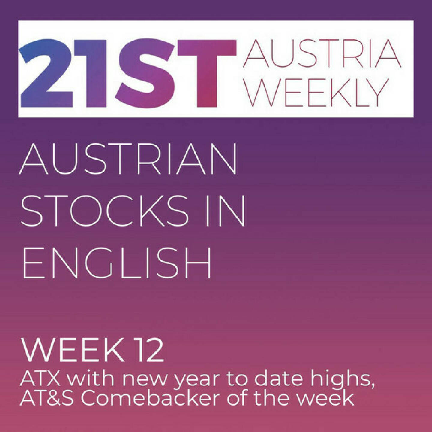 https://open.spotify.com/episode/2gIGrhnOt5jSInlFR1nXdA
Austrian Stocks in English: ATX in week 12 with new year to date highs, AT&S Comebacker of the week - <p>Welcome to &#34;Austrian Stocks in English - presented by Palfinger&#34;, the english spoken weekly Summary for the Austrian Stock Market,  positioned every Sunday in the mostly german languaged Podcast &#34;Audio-CD.at Indie Podcasts&#34;- Wiener Börse, Sport Musik und Mehr“ . <br/><br/>The following script is based on our 21st Austria weekly. Week 12 was a good week for ATX, which went up 2.62 percent to 3499 Points, a new year-to-date-High. Comebacker of the week was AT&amp;S. News came from S Immo, Semperit, Frequentis, Kapsch TrafficCom,  Valneva, VIG, CA Immo, Porr, S Immo and Vienna Airport.<br/><br/><a href=https://boerse-social.com/21staustria target=_blank>https://boerse-social.com/21staustria</a><br/><br/><a href=https://www.audio-cd.at/search/austrian%20stocks%20in%20english target=_blank>https://www.audio-cd.at/search/austrian%20stocks%20in%20english</a><br/><br/>30x30 Finanzwissen pur für Österreich auf Spotify spoken by Alison:: <a href=https://open.spotify.com/playlist/3MfSMoCXAJMdQGwjpjgmLm target=_blank>https://open.spotify.com/playlist/3MfSMoCXAJMdQGwjpjgmLm</a><br/><br/>Please rate my Podcast on Apple Podcasts (or Spotify): <a href=https://podcasts.apple.com/at/podcast/audio-cd-at-indie-podcasts-wiener-boerse-sport-musik-und-mehr/id1484919130 target=_blank>https://podcasts.apple.com/at/podcast/audio-cd-at-indie-podcasts-wiener-boerse-sport-musik-und-mehr/id1484919130</a> .And please spread the word : <a href=https://www.boerse-social.com/21staustria target=_blank>https://www.boerse-social.com/21staustria</a> - the address to subscribe to the weekly summary as a PDF.</p>