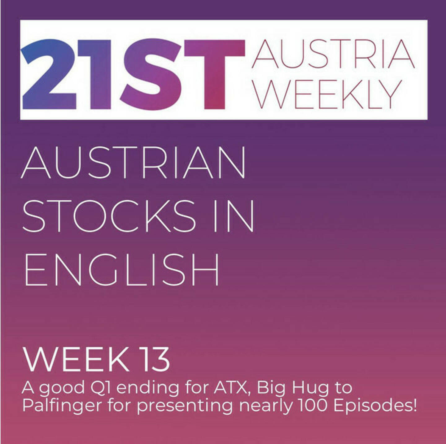 https://open.spotify.com/episode/2XmYVIhBG3vs90QWkCyYGm
Austrian Stocks in English: Week 13 brought a good Q1 ending for ATX, Big Hug to Palfinger for presenting nearly 100 Episodes! - <p>Welcome to &#34;Austrian Stocks in English - presented by Palfinger&#34;, the english spoken weekly Summary for the Austrian Stock Market,  positioned every Sunday in the mostly german languaged Podcast &#34;Audio-CD.at Indie Podcasts&#34;- Wiener Börse, Sport Musik und Mehr“ . <br/><br/>The following script is based on our 21st Austria weekly. It was finally a good Q1 ending for ATX which went up 1,85 percent and is now at 2,94 percent year to date. Best Stock in ATX was Bawag, even better performed S Immo and Addiko Bank in ATX Prime. News in Week 13 came from S Immo, Marinomed, Strabag, Pierer Mobility, FACC, Immofinanz, Frequentis and Palfinger. A big thx to Palfinger, the Company presented &#34;Austrian Stocks in English&#34; for nearly 100 Episodes.<br/><br/><a href=https://boerse-social.com/21staustria target=_blank>https://boerse-social.com/21staustria</a><br/><br/><a href=https://www.audio-cd.at/search/austrian%20stocks%20in%20english target=_blank>https://www.audio-cd.at/search/austrian%20stocks%20in%20english</a><br/><br/>30x30 Finanzwissen pur für Österreich auf Spotify spoken by Alison:: <a href=https://open.spotify.com/playlist/3MfSMoCXAJMdQGwjpjgmLm target=_blank>https://open.spotify.com/playlist/3MfSMoCXAJMdQGwjpjgmLm</a><br/><br/>Please rate my Podcast on Apple Podcasts (or Spotify): <a href=https://podcasts.apple.com/at/podcast/audio-cd-at-indie-podcasts-wiener-boerse-sport-musik-und-mehr/id1484919130 target=_blank>https://podcasts.apple.com/at/podcast/audio-cd-at-indie-podcasts-wiener-boerse-sport-musik-und-mehr/id1484919130</a> .And please spread the word : <a href=https://www.boerse-social.com/21staustria target=_blank>https://www.boerse-social.com/21staustria</a> - the address to subscribe to the weekly summary as a PDF.</p>