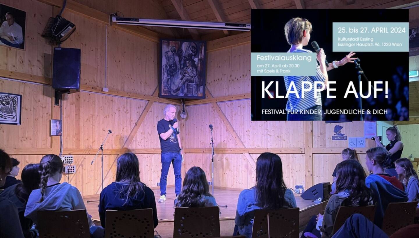 Beim Poetry Slam Festival Klappe auf on Stage.  https://treffpunktessling.at/2024/03/08/klappe_auf