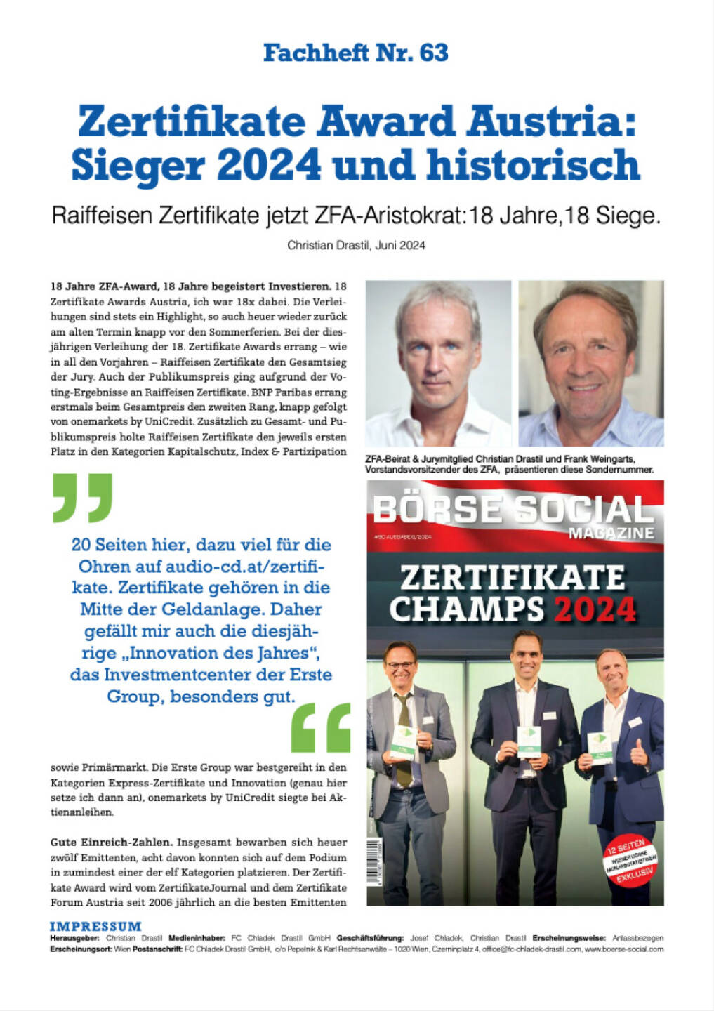 Fachheft Nr. 63 - Zertifikate Award Austria: Sieger 2024 und historisch