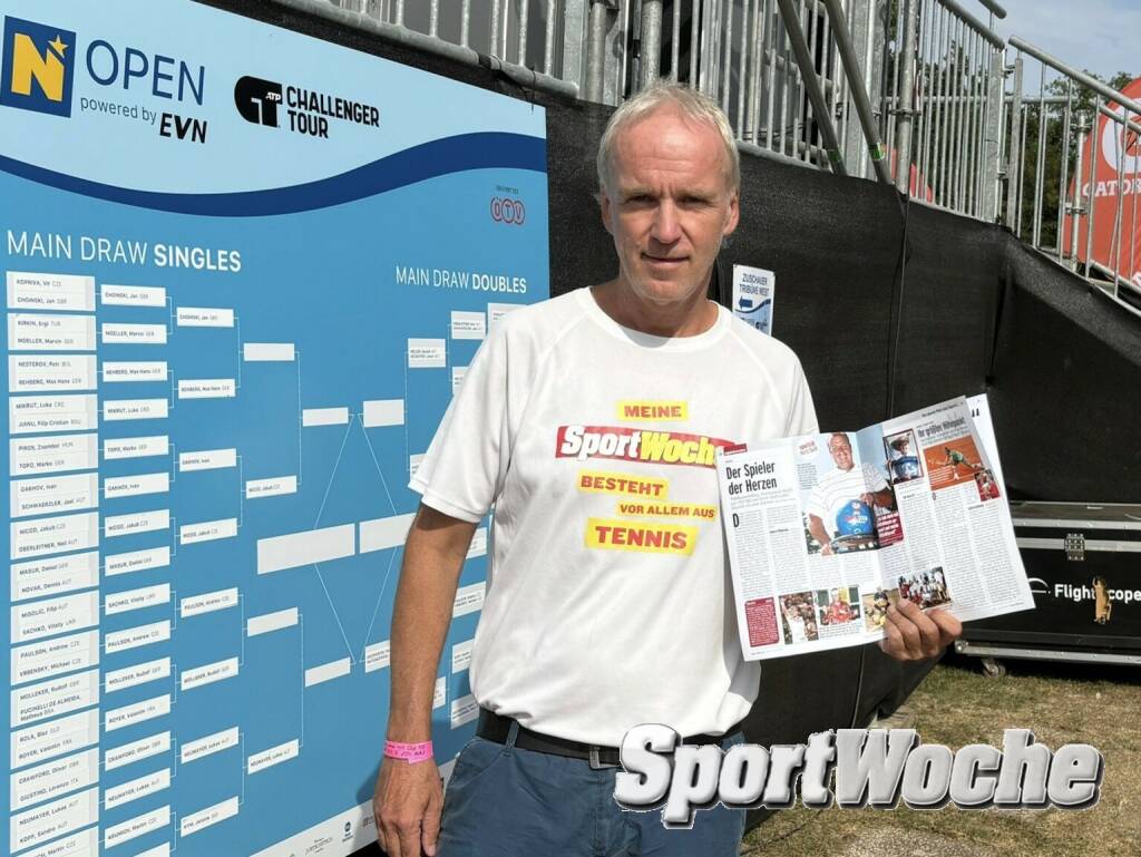 Christian Drastil präsentiert die Horst Skoff Doppelseite der geplanten SportWoche-Sondernummer für die Stadthalle (06.09.2024) 