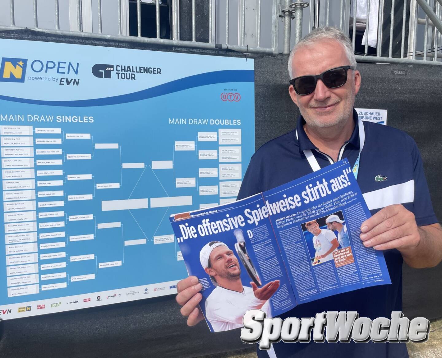 Tennis-Edelinterviewer Fritz Hutter mit einer SportWoche-Doppelseite zu Jürgen Melzer