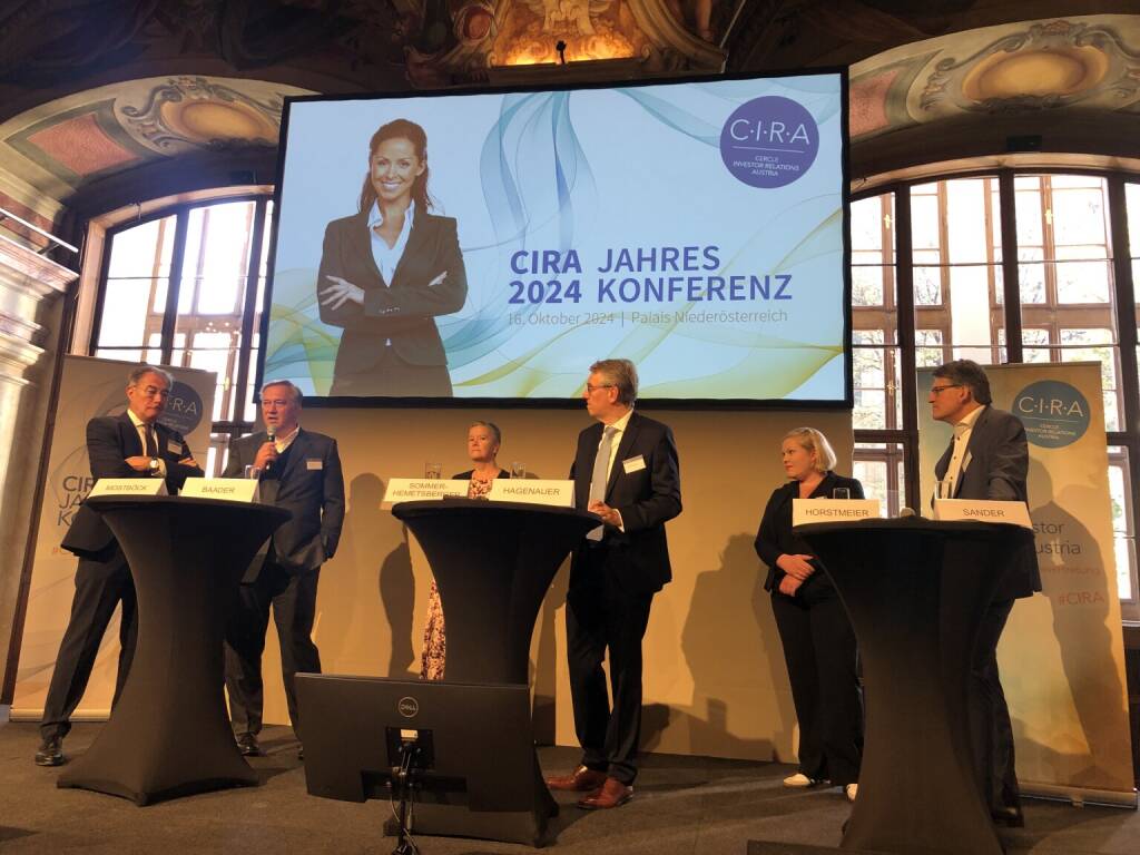 CIRA Jahrestagung 2024: Panel: Auf der Suche nach neuen Impulsen am Kapitalmarkt - Fritz Mostböck (Erste Group), Nico Baader (Baader Bank), Angelika Sommer-Hemetsberger (Aktienforum, OeKB), Harald Hagenauer (CIRA, Post), Angelika Hostmeier (Alliance Advisors), Marcus Sander (Allincapitals) (16.10.2024) 