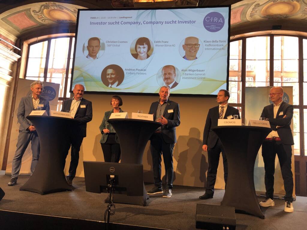 CIRA Jahrestagung 2024: Panel: Investor sucht Company, Company sucht Investor - Andreas Posavac (Embera Partners), Alois Wögerbauer (3 Banken Generali KAG), Edith Franc (Wiener Börse), Hannes Roither (Palfinger), Christian Csomos (S&P Global), Klaus della Torre (RBI) (16.10.2024) 