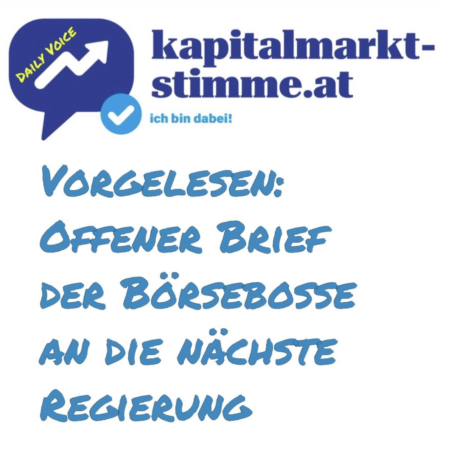 Episode 1/365 der kapitalmarkt-stimme.at daily voice auf audio-cd.at hören https://audio-cd.at/page/podcast/6620/. Zum Auftakt liest der Avatar des verkühlten Büroleiters Christian Drastil den offenen Brief von Heimo Scheuch, Aufsichtsratsvorsitzender Wiener Börse und CEO Wienerberger AG sowie Christoph Boschan. CEO Wiener Börse AG vor. Dieser richtet sich an die nächste Regierung: Denn Österreich steht vor der nächsten Legislaturperiode, die Regierungsverhandlungen laufen. Wir blicken jedoch mit großer Sorge auf die Zukunft, denn die Herausforderungen sind unübersehbar und drängend. Europas Wettbewerbsfähigkeit hat Risse bekommen, und Österreich ist davon nicht ausgenommen. Ziel: Kapitalmarkt`s coming home. Als Video mit Avatar: https://shorturl.at/ZtZjT