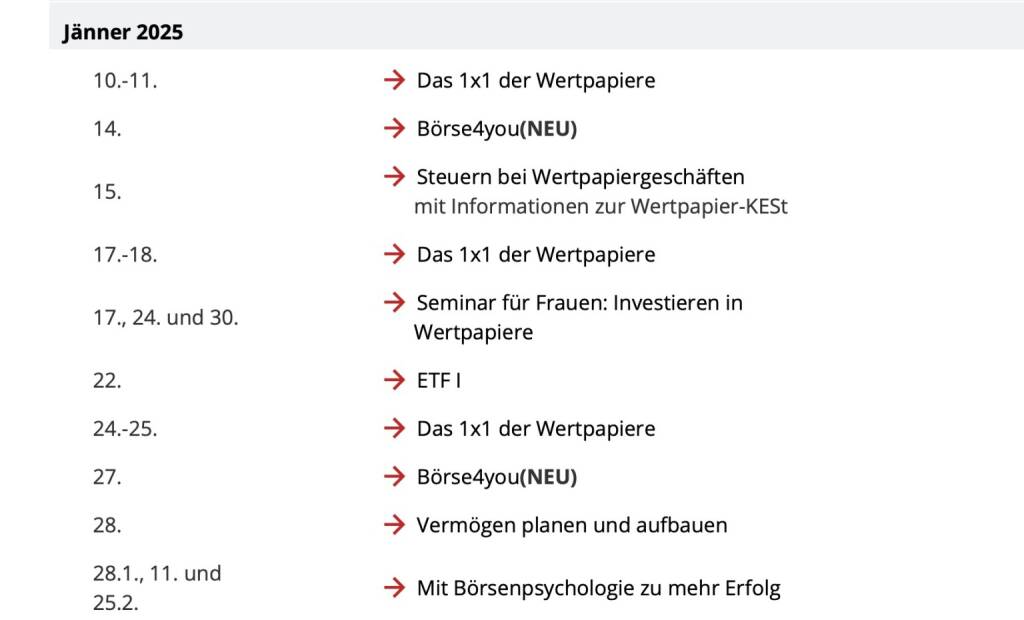 Börse Akademie, Wiener Börse Kalender, Quelle: Wiener Börse, © Aussender (10.01.2025) 