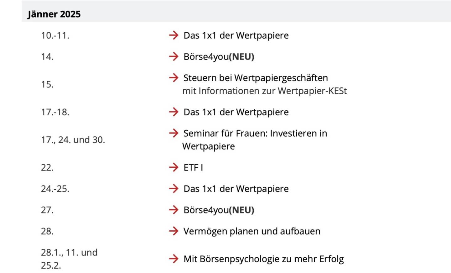 Börse Akademie, Wiener Börse Kalender, Quelle: Wiener Börse