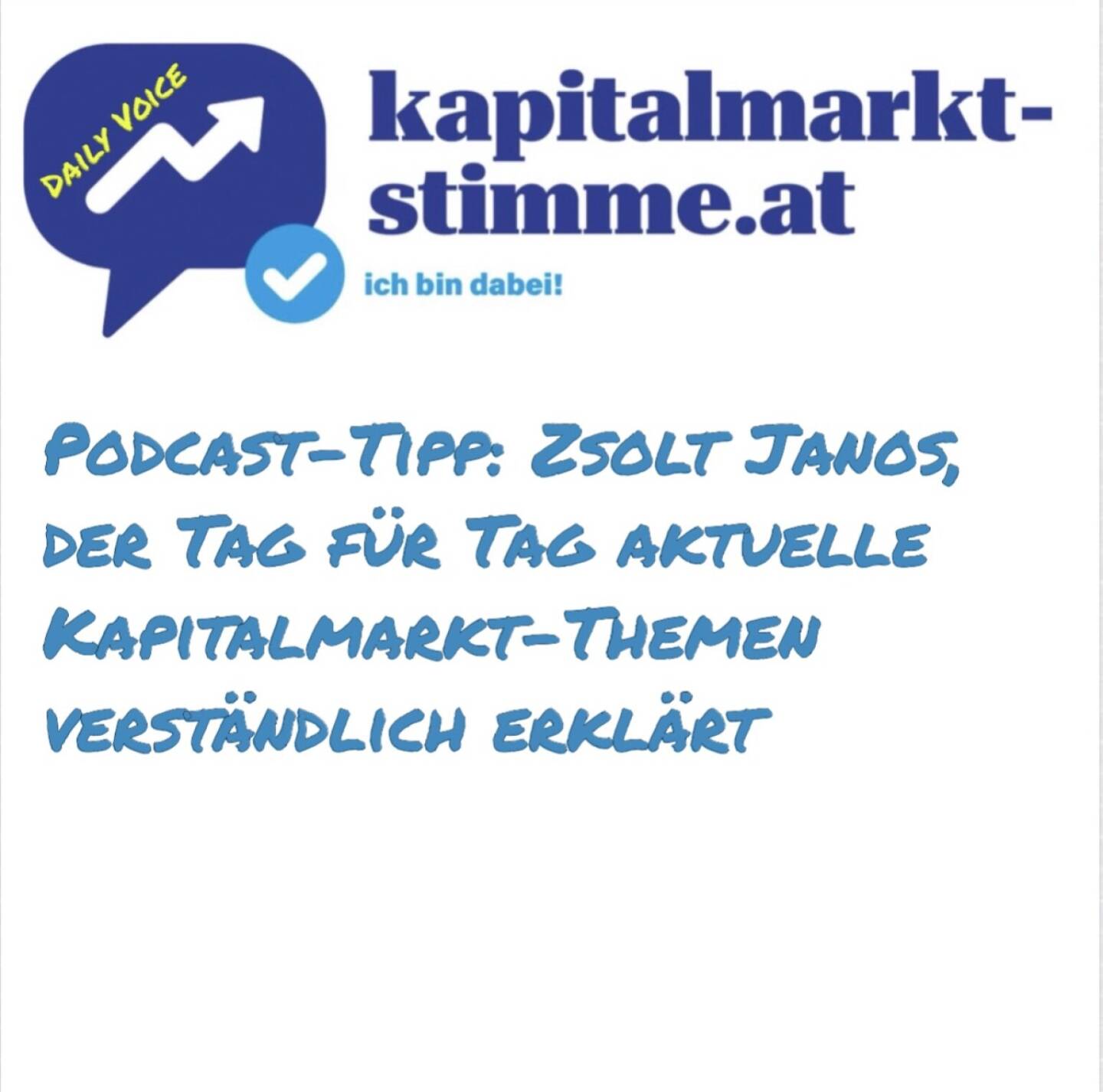 Episode 21/365 der kapitalmarkt-stimme.at daily voice auf audio-cd.at. Hören: https://audio-cd.at/page/podcast/6703
Ein Trailer, der zugleich ein Tipp ist. Am 22. Jänner geht zeitgleich eine Folge im Börsepeople-Podcast sowie auf Aus dem Cafésatz, aktuelle Kapitalmarkt Themen verständlich erklärt mit Zsolt Janos live. Man nennt das Crossover. Zsolt war bereits vor einem Jahr im Börsepeople-Podcast zu Gast, ich kannte ihn vorher nur vom Hören-Sagen und seinen Podcast gar nicht. Seither geniesse ich ihn jeden Tag. Er ist für mich DIE Empfehlung, wenn man aktuelle News gut in eine langfristige Strategie einreihen will. Es ist vor allem ein Talk über die Learnings aus dem Podcasten selbst. Wir reden über Hustanfälle, Spontanes, Kopfkino, meine 500 Euro für die Freigabeschleifen, aber das Veto, dass nicht gesendet werden muss. Über das Vergessen, dass die Aufnahme läuft. Über Podcastförderung, seinen J Powell und seinen ORF, meinen Frankfurt-Award und gemeinsam über Energie-Anbieter-Wechsel. Fazit: Fr ei sprechen ist leichter als Vorlesen und ersteres macht Spass.